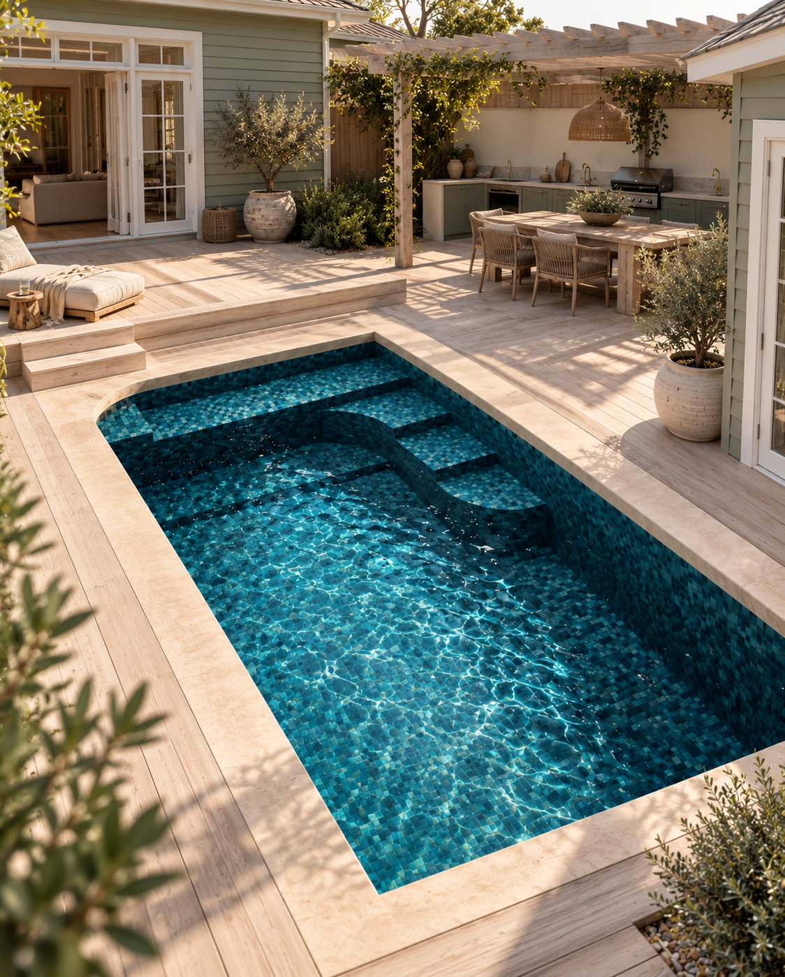 A backyard with a small, rectangular in-ground swimming pool surrounded by a wooden deck. There are steps leading into the pool and a shaded outdoor kitchen with a dining table and chairs. Decorative plants and pots are around the area.