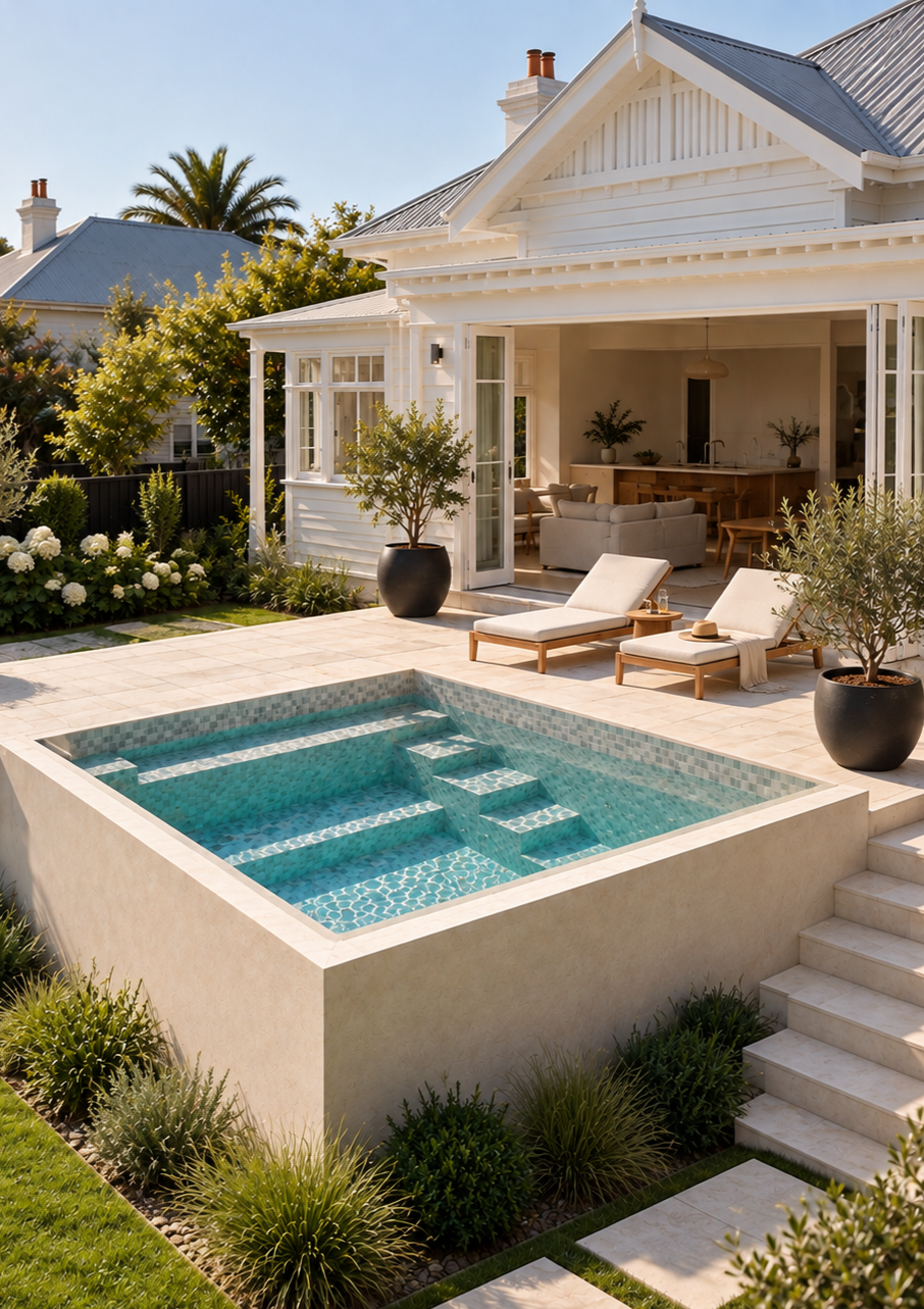 A backyard with a custom inground pool, surrounded by stone tiles and lounge chairs. There are potted plants, bushes, and flowering plants around the pool area, with a white house and open living space in the background.