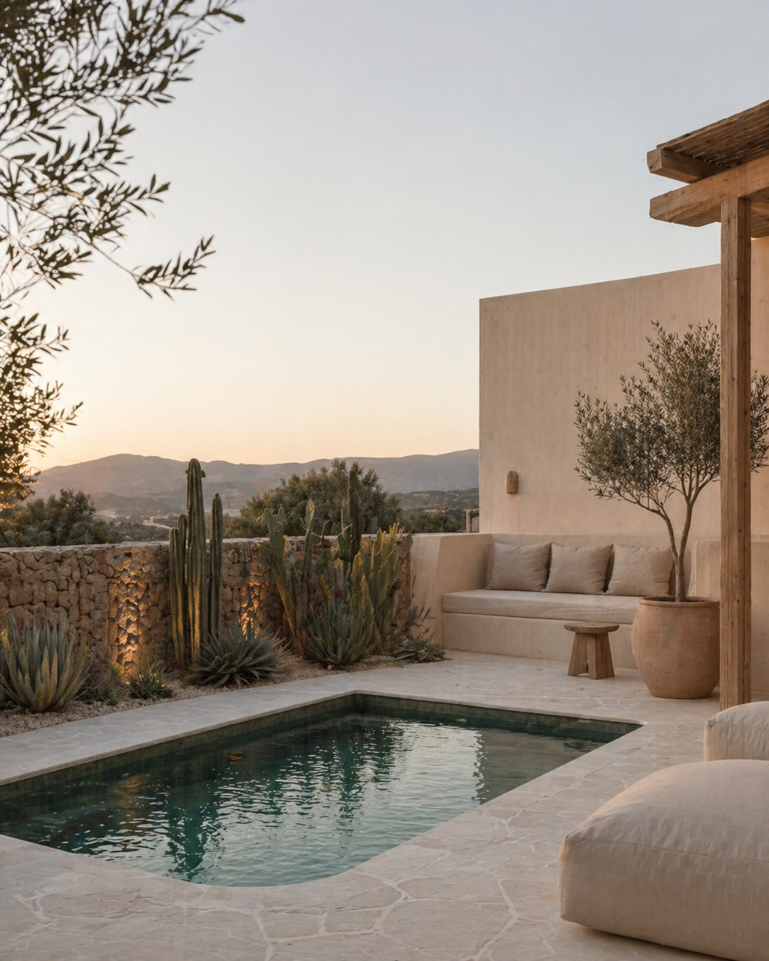 Outdoor patio with small pool, potted trees, cactus plants, beige seating with cushions, stone flooring, and a mountain view at sunset.