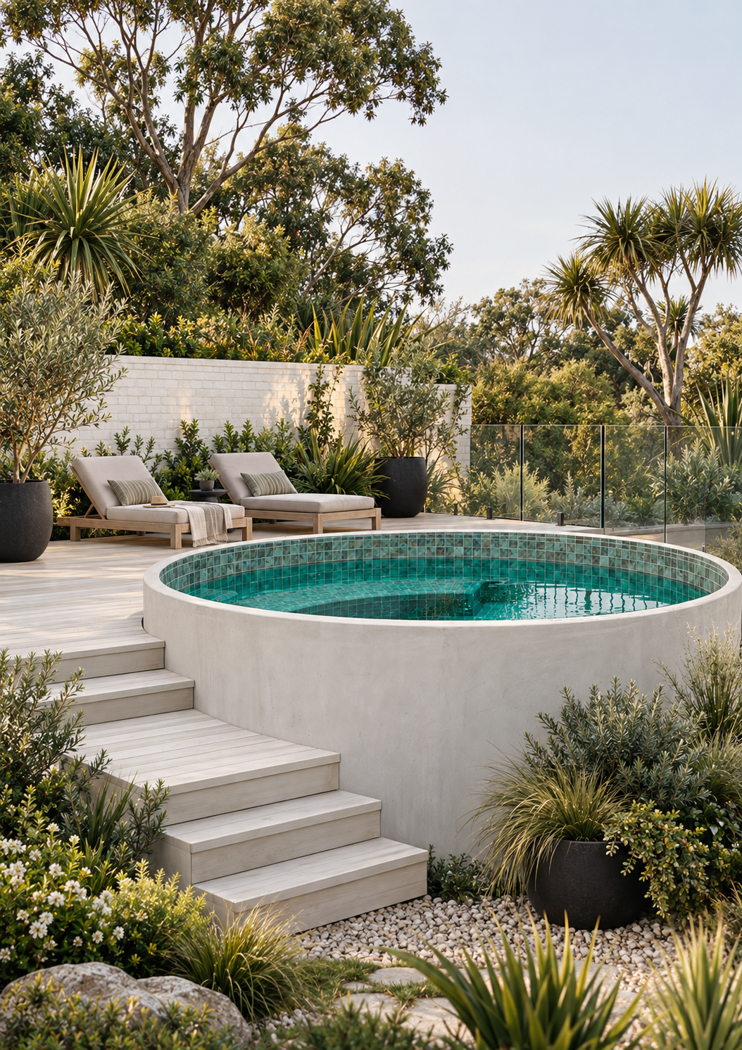 A modern outdoor pool area with white steps, two lounge chairs with pillows, and lush greenery including potted plants and trees, surrounded by a glass railing and white brick wall.