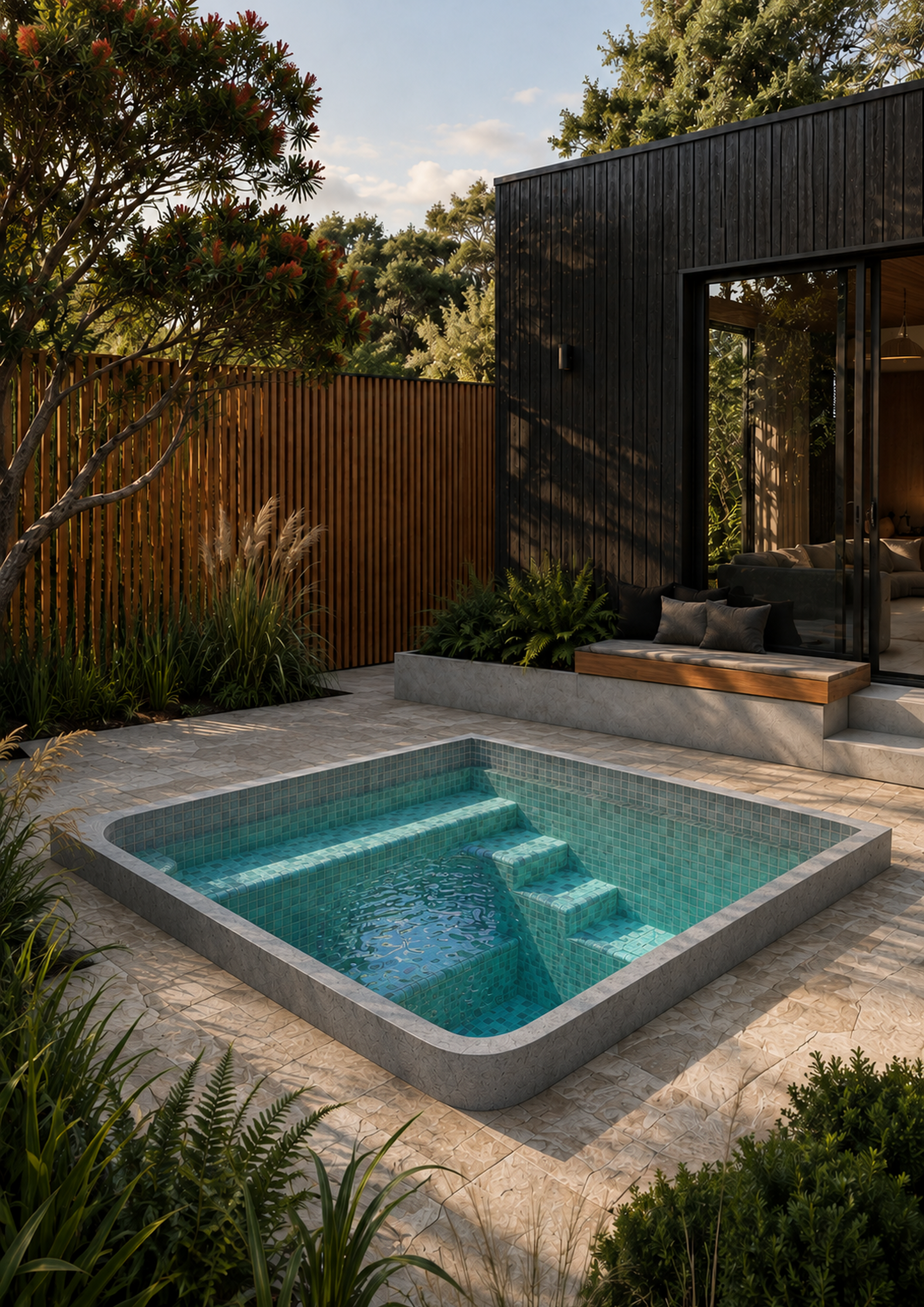 Modern house with black exterior, glass sliding doors, outdoor sitting area with cushions, small swimming pool with steps, surrounded by greenery, on a sunny day.