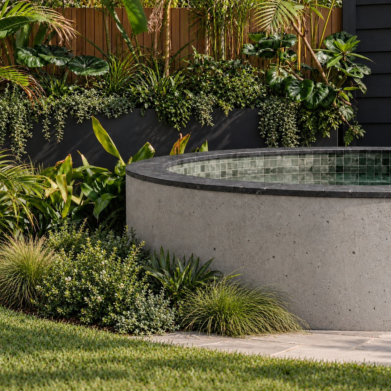 A round concrete hot tub or small pool with green mosaic tiles on the inside, set in a landscaped backyard with lush green plants and a wooden fence in the background.