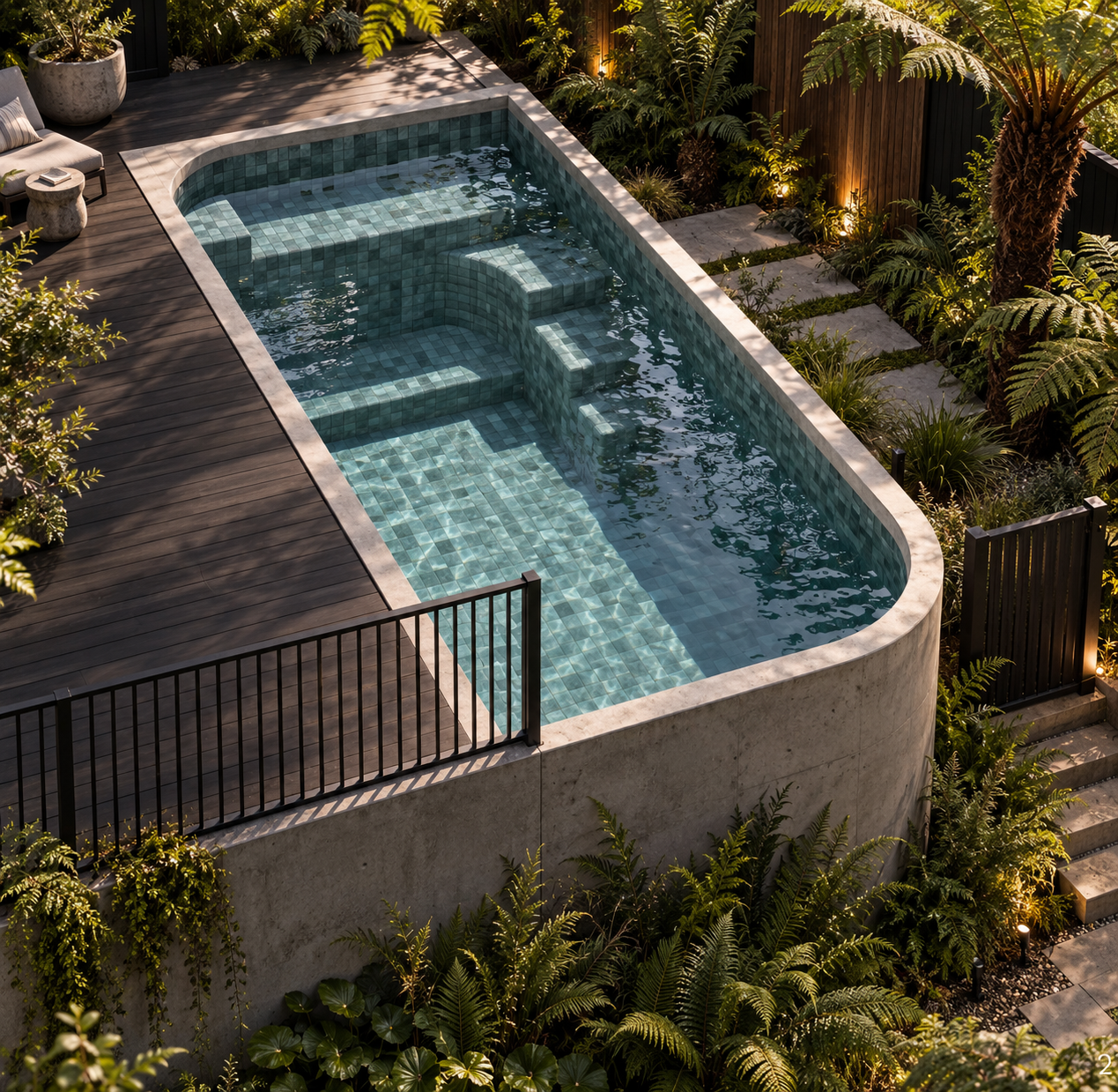 A modern rectangular backyard swimming pool with built-in steps, fenced with a black metal gate, surrounded by lush green plants, tall palm trees, and illuminated outdoor lighting.