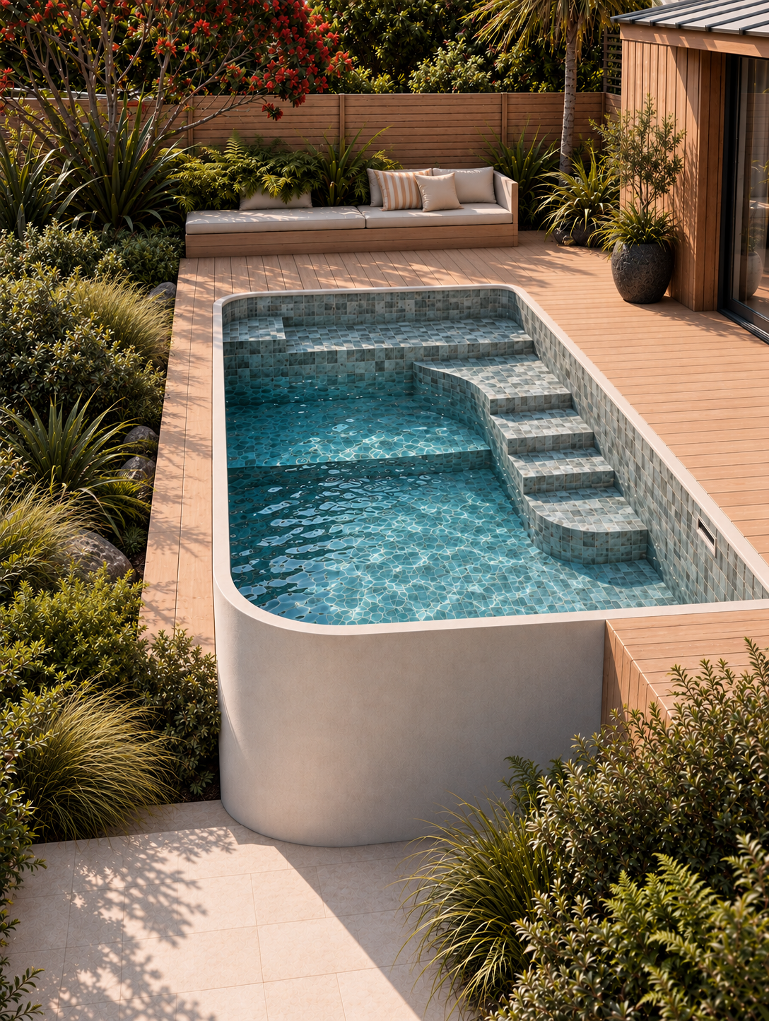 A backyard with a small swimming pool, surrounded by a wooden deck and lush greenery. There is a seating area with a long white cushioned bench and decorative pillows, and potted plants near the house.