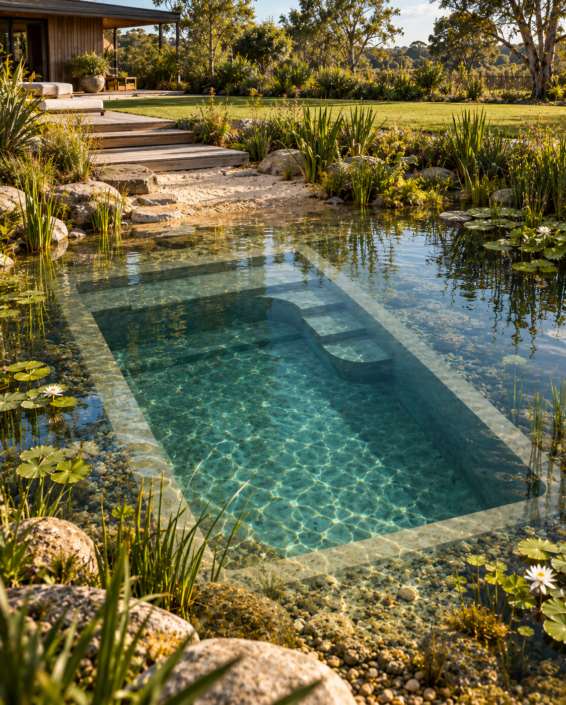 A backyard with a small swimming pool surrounded by rocks, plants, and flowers, with a wooden deck and outdoor seating area in the background.