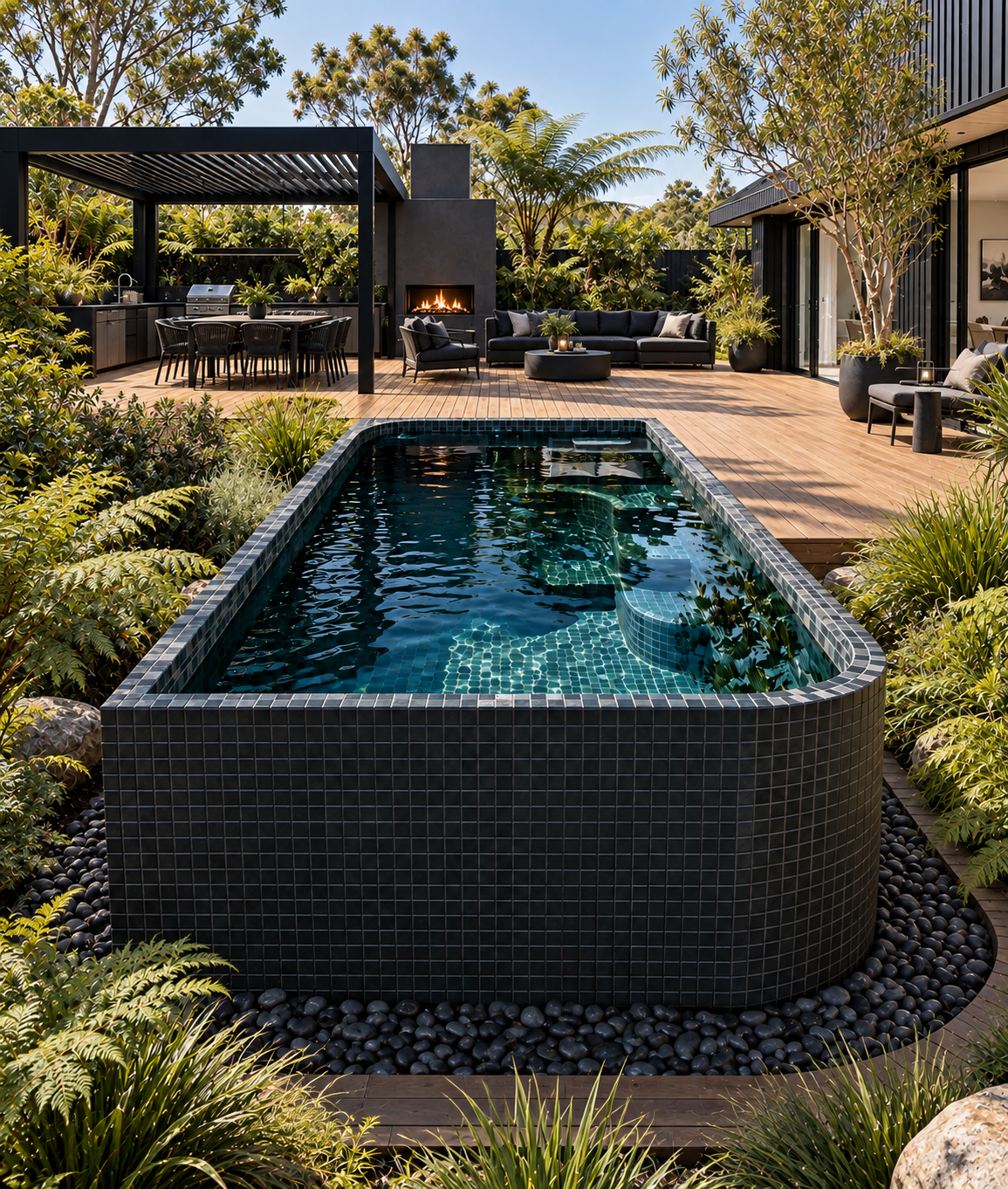 Modern outdoor backyard with a small rectangular pool, surrounded by lush green plants and trees, with a spacious wooden deck area featuring black outdoor furniture, a built-in fireplace, a pergola with a dining table, and sliding glass doors leading to the interior of a house.