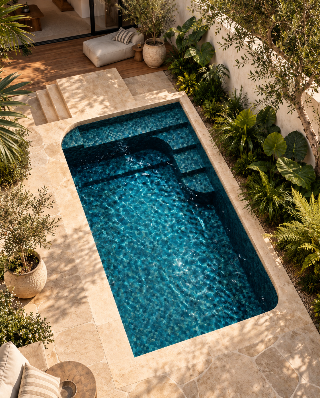 A backyard swimming pool with blue mosaic tiles, surrounded by beige stone tiles and lush green plants, with a lounge chair and small table nearby.