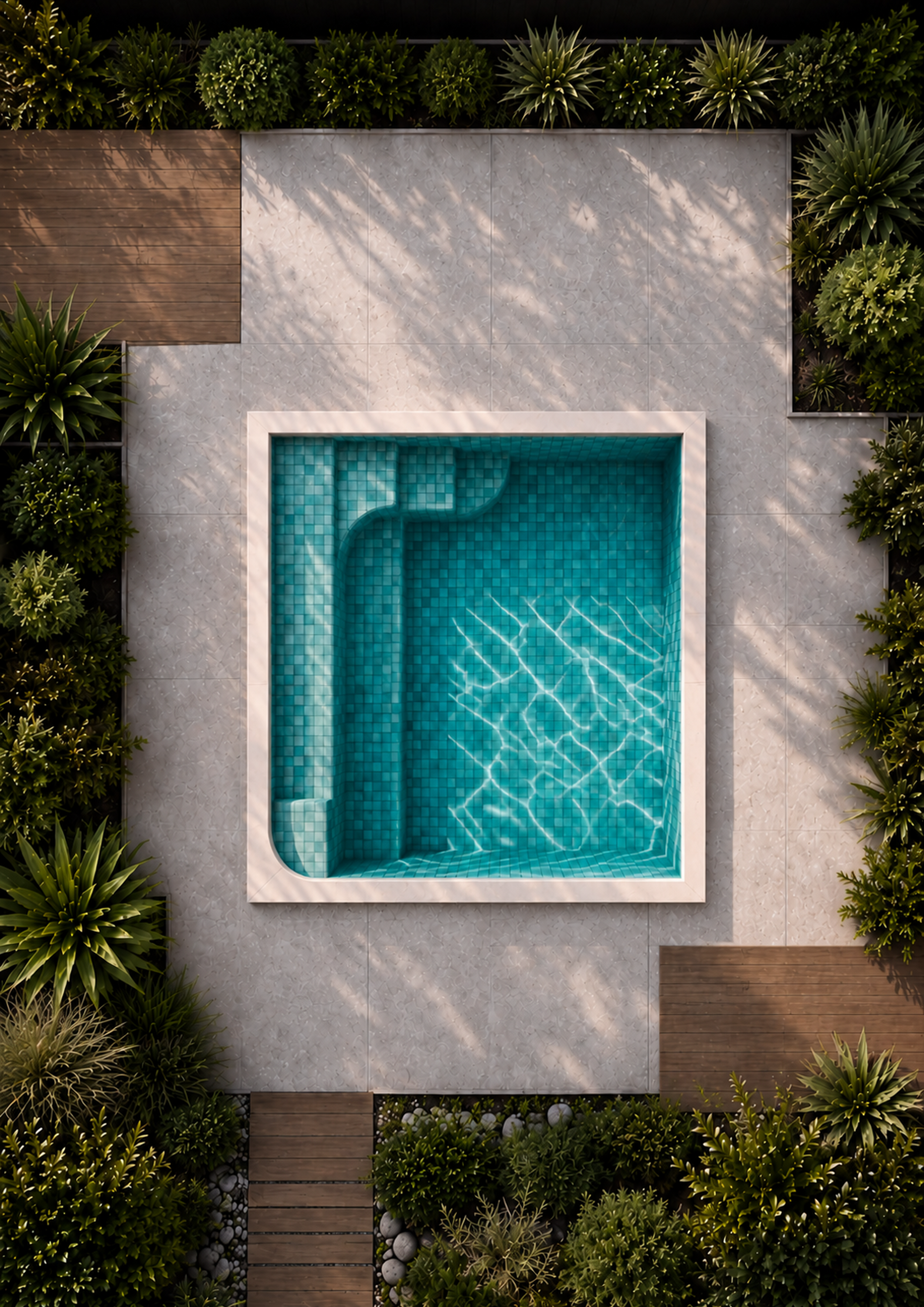 Top-down view of a backyard with a small rectangular blue swimming pool, surrounded by white tile, wooden pathways, and lush green plants.