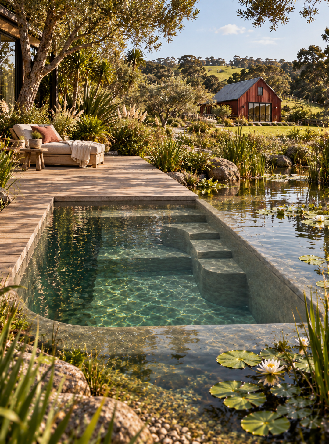 A tranquil backyard scene with a small swimming pool surrounded by a wooden deck, lush greenery, water lilies, and a red barn in the background, set in a rural landscape.