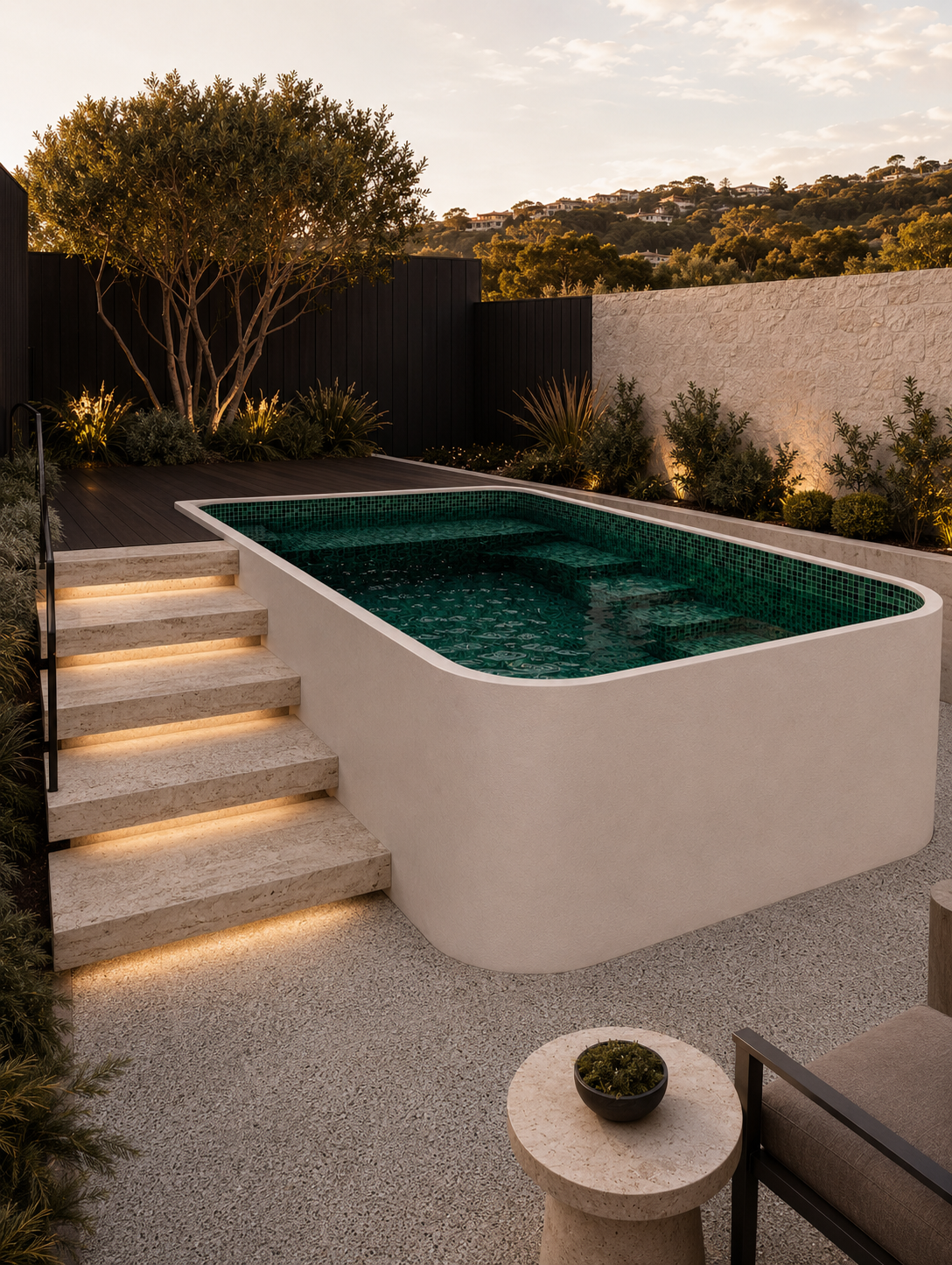 A modern backyard with a small, rectangular swimming pool with aqua tile interior, surrounded by steps with built-in lighting, and landscaped with plants and trees, with a hillside view in the background during dusk.