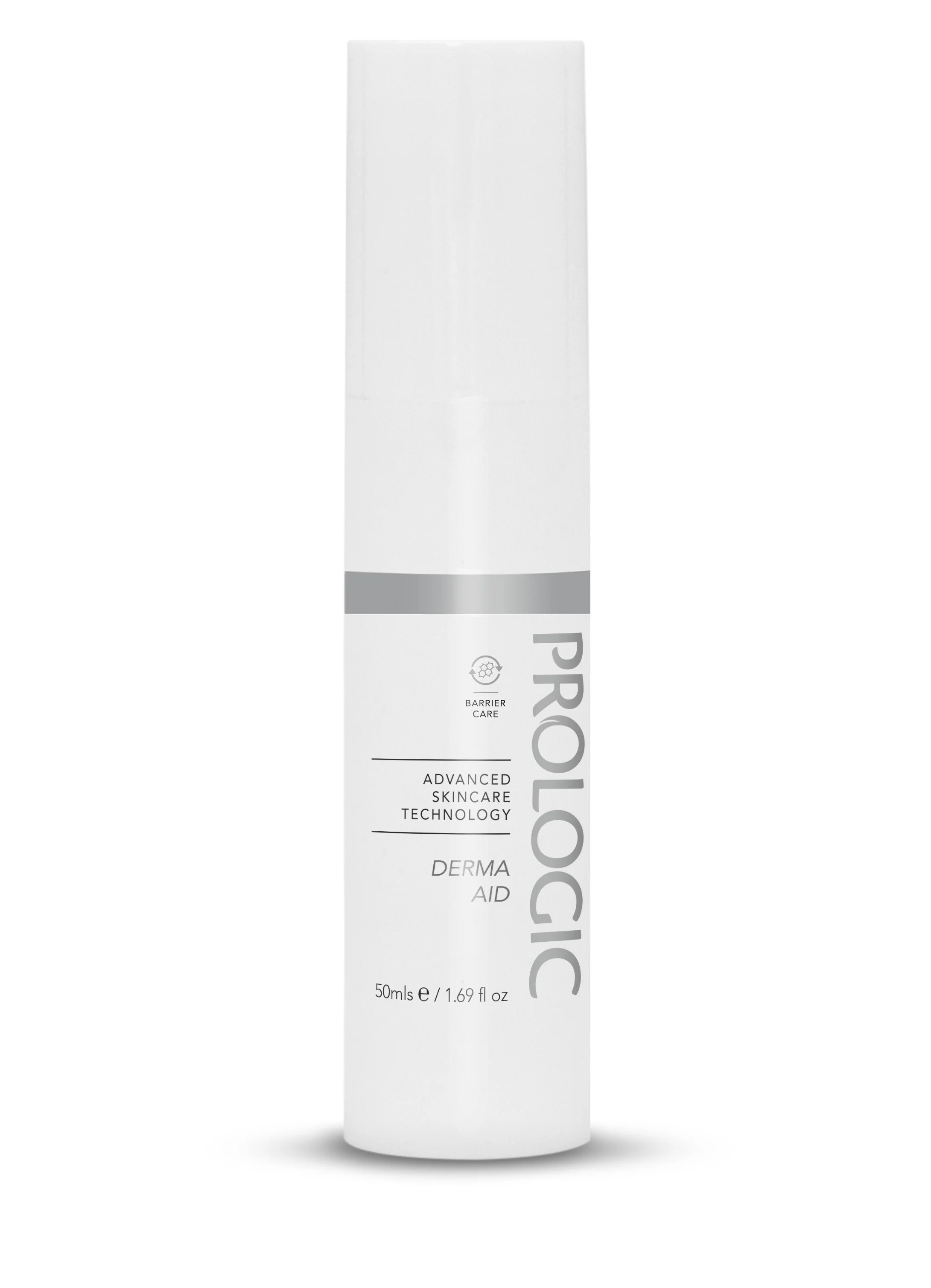 A white cylindrical skincare product tube with gray accents and text indicating it is a dermatological care product with advanced skincare technology, containing 50ml or 1.69 fl oz.