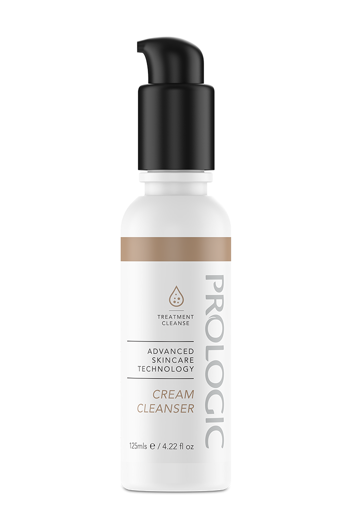 A white bottle of Prologic cream cleanser with a black pump top, featuring minimalistic text and a water droplet icon on the label.