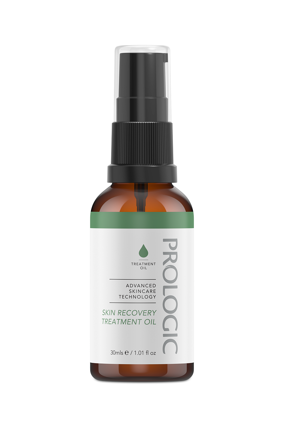 A small amber glass spray bottle labeled 'Prologic Skin Recovery Treatment Oil' with a black pump spray top.