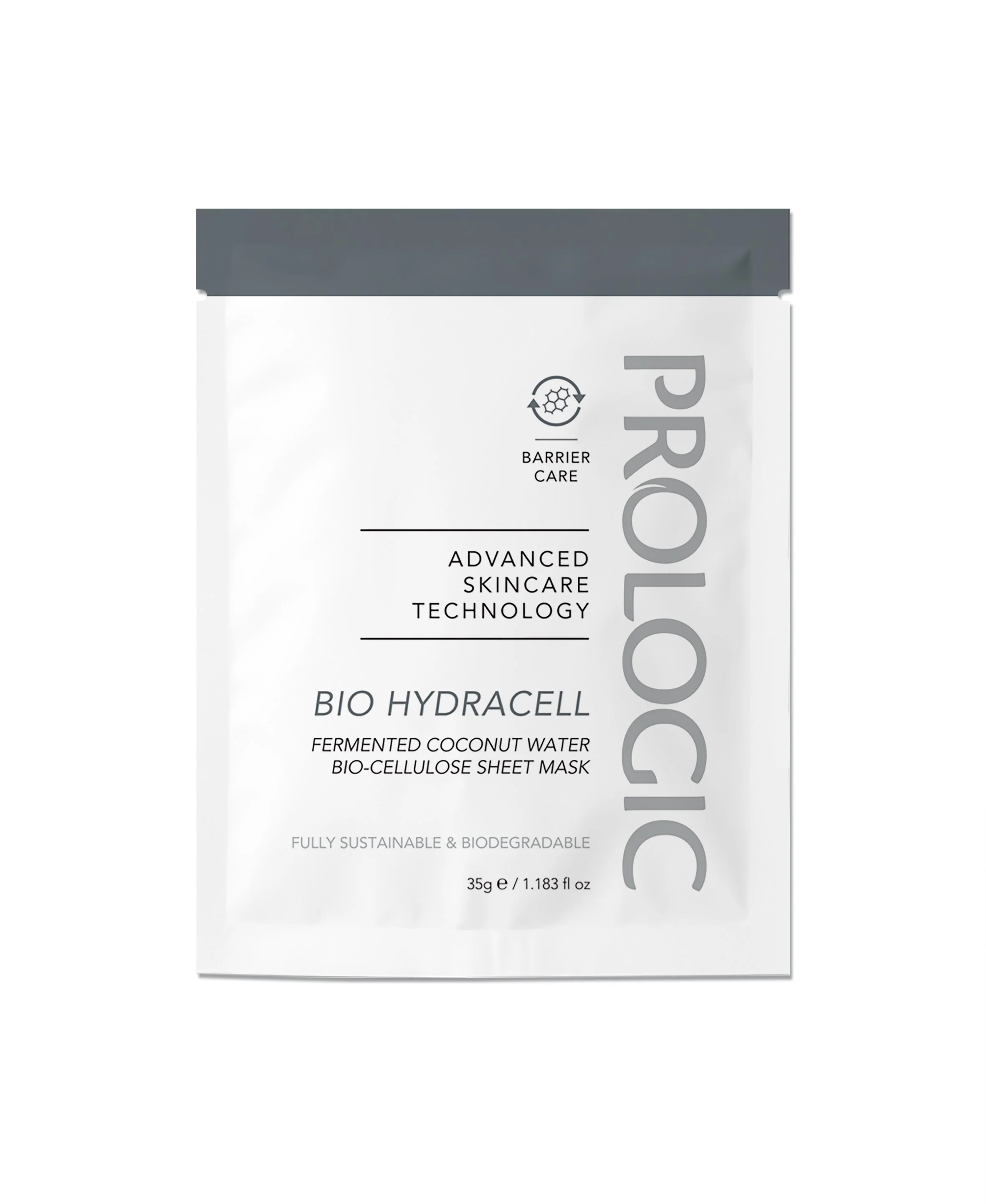 Close-up of a skincare product package with text indicating it is a bio-cellulose sheet mask, made from fermented coconut water, marketed as fully sustainable and biodegradable, with a net weight of 35 grams or 1.183 fluid ounces.