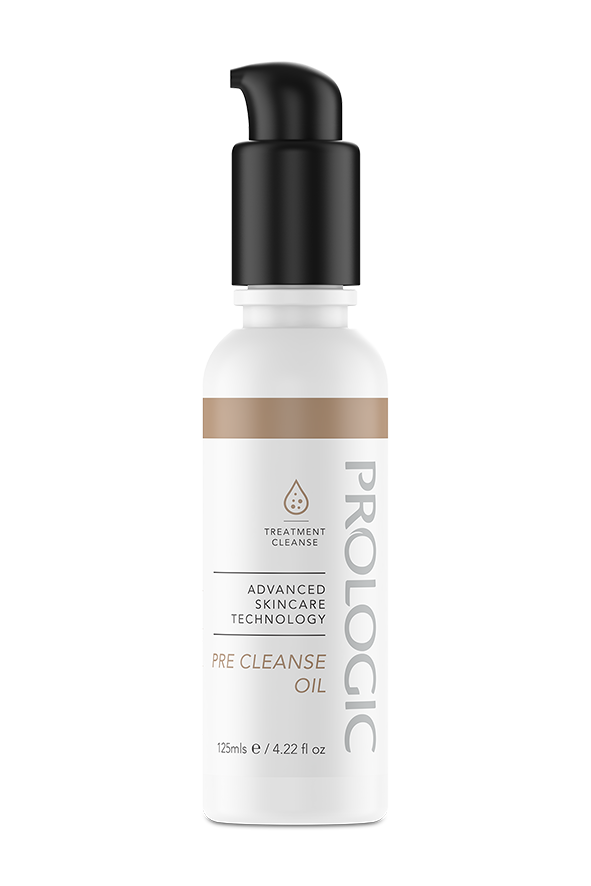 A white bottle labeled Prologic Pre Cleanse Oil with a black pump dispenser and a beige band near the top.