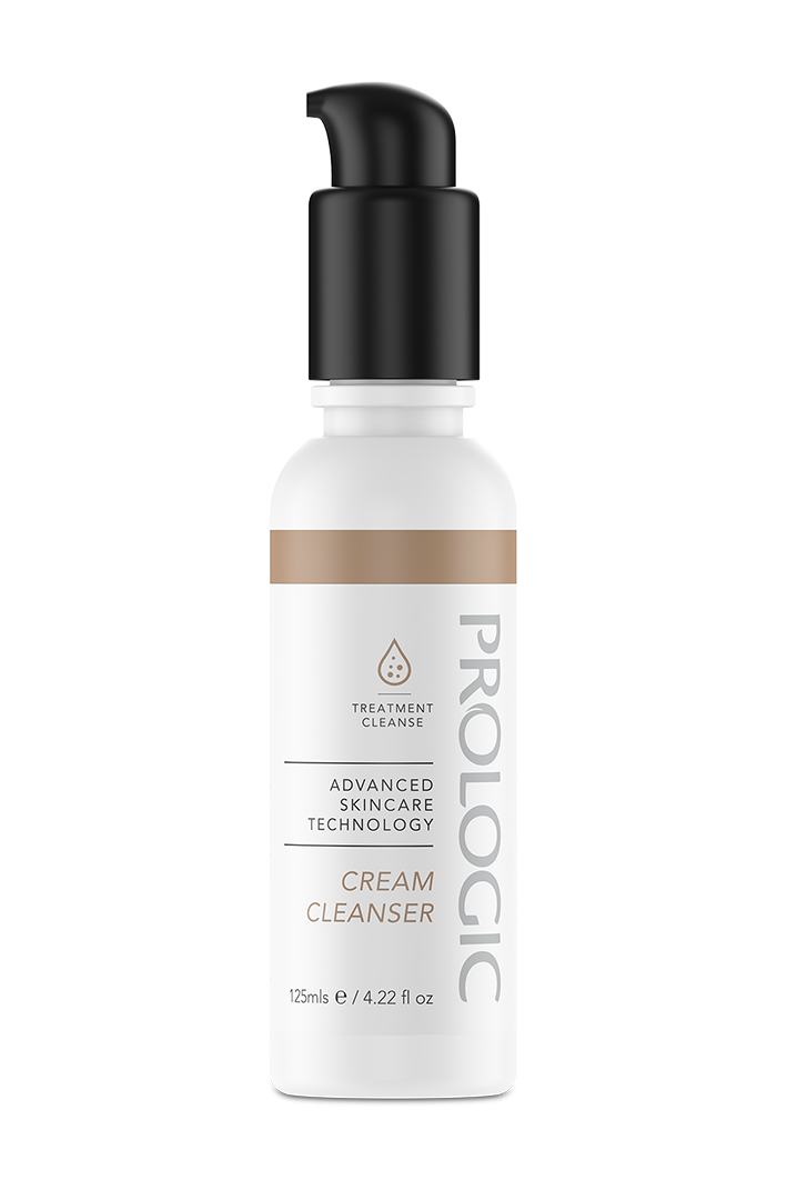 A white bottle of Prologic cream cleanser with a black pump top, beige and gray accents, and label text describing it as an advanced skincare technology product.