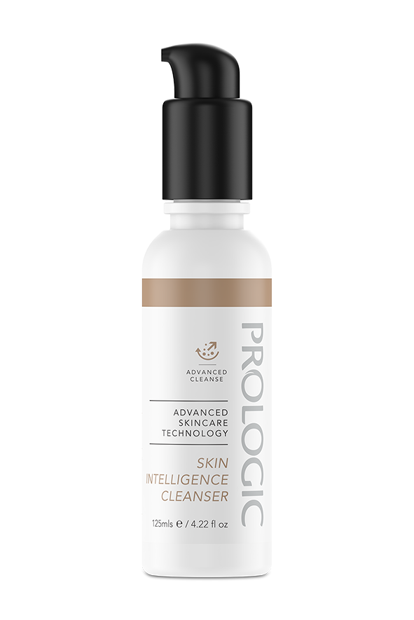 A white skincare bottle with a black pump dispenser labeled 'Prologic Skin Intelligence Cleanser' against a black background.