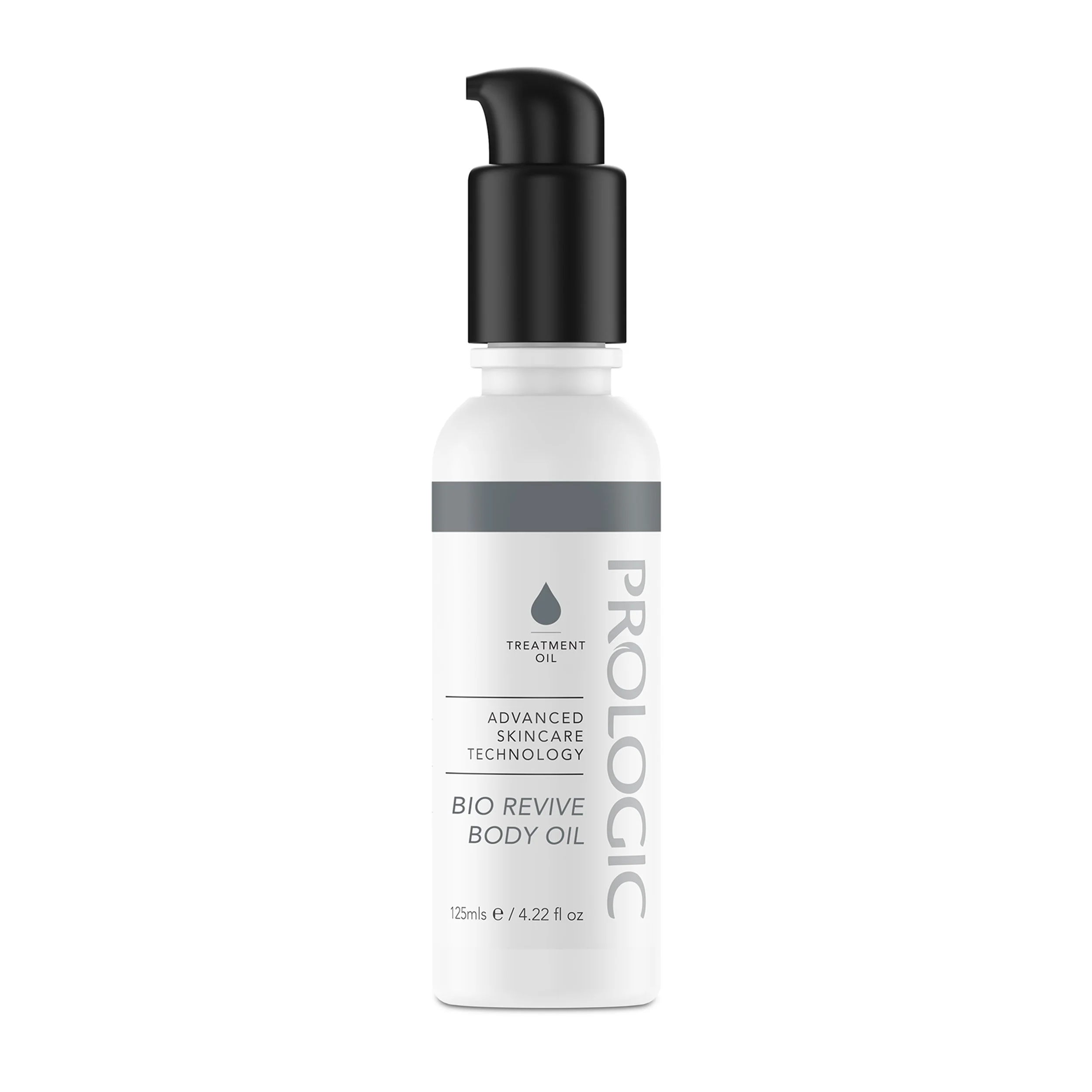 Bottle of skincare treatment oil with black pump and white label