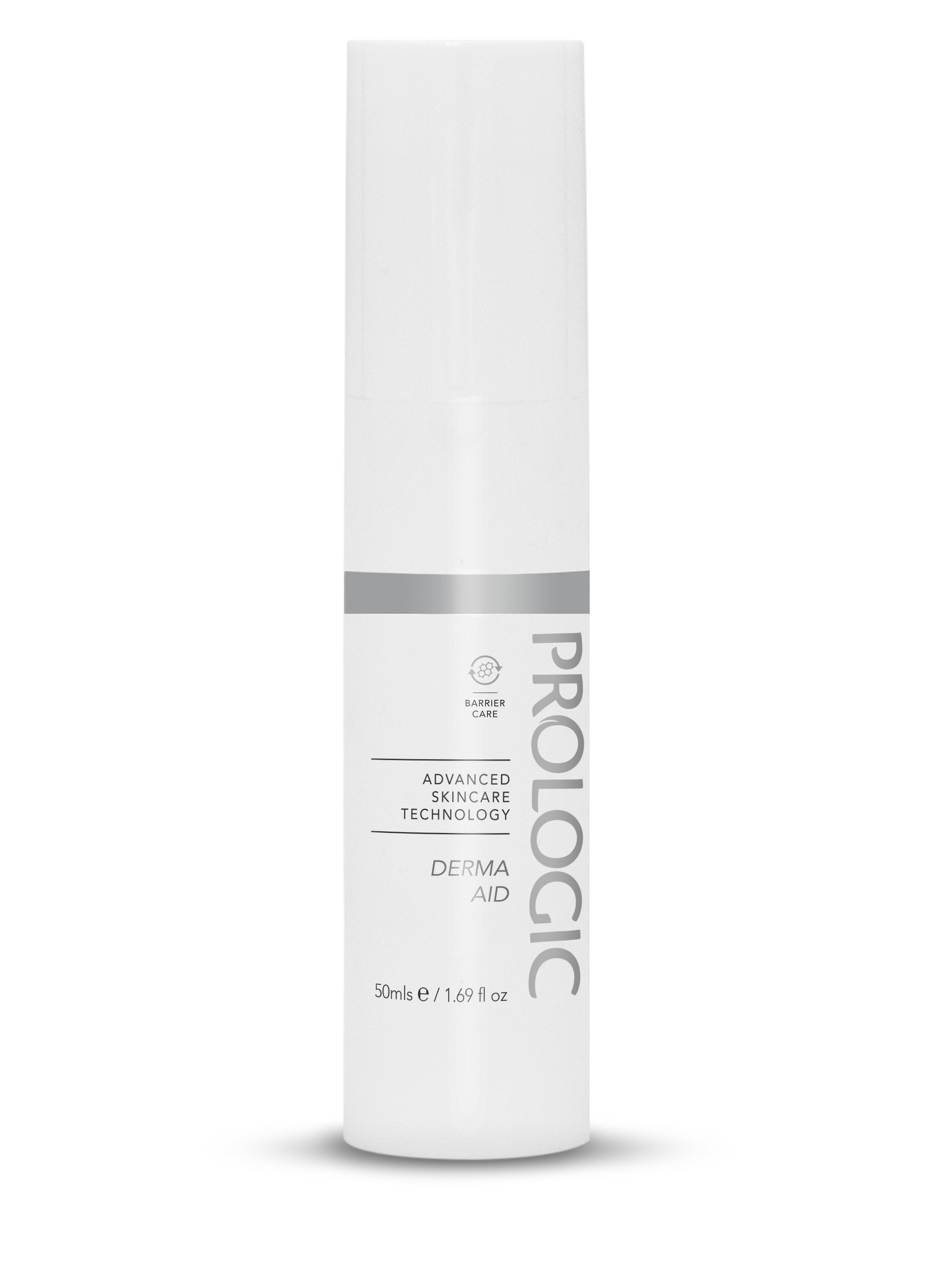 White cylindrical skincare product container with gray accents and text, standing upright on a white background.