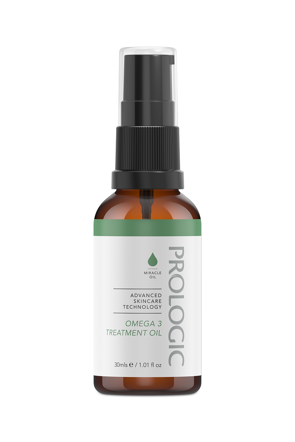 A small amber glass spray bottle of Prolific Omega 3 Treatment Oil with a black spray top and a white label, placed in front of a gray box.