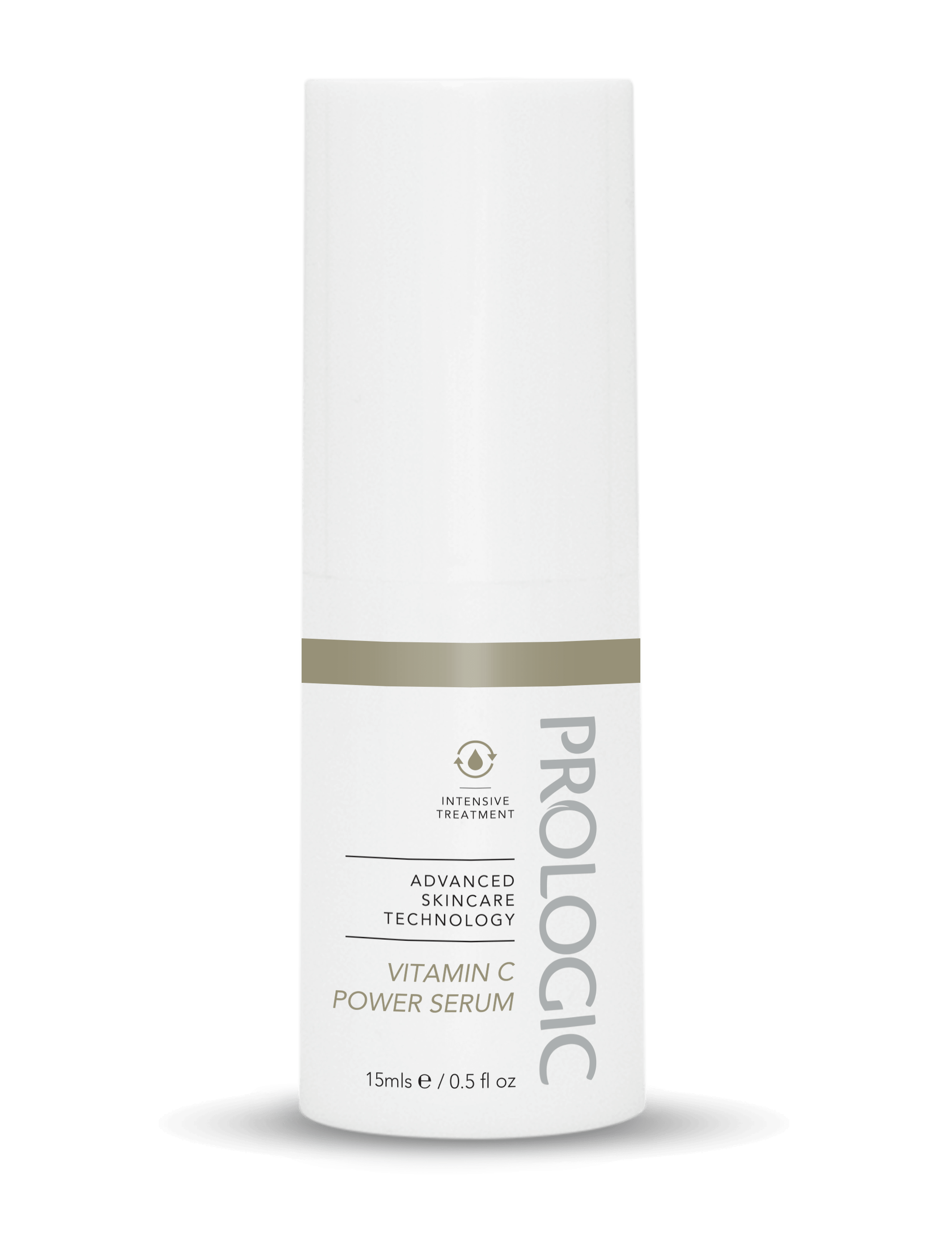 A white skincare serum bottle labeled Procollagen advanced skincare technology with vitamin C power serum, 15 ml e / 0.5 fl oz, standing on a black background