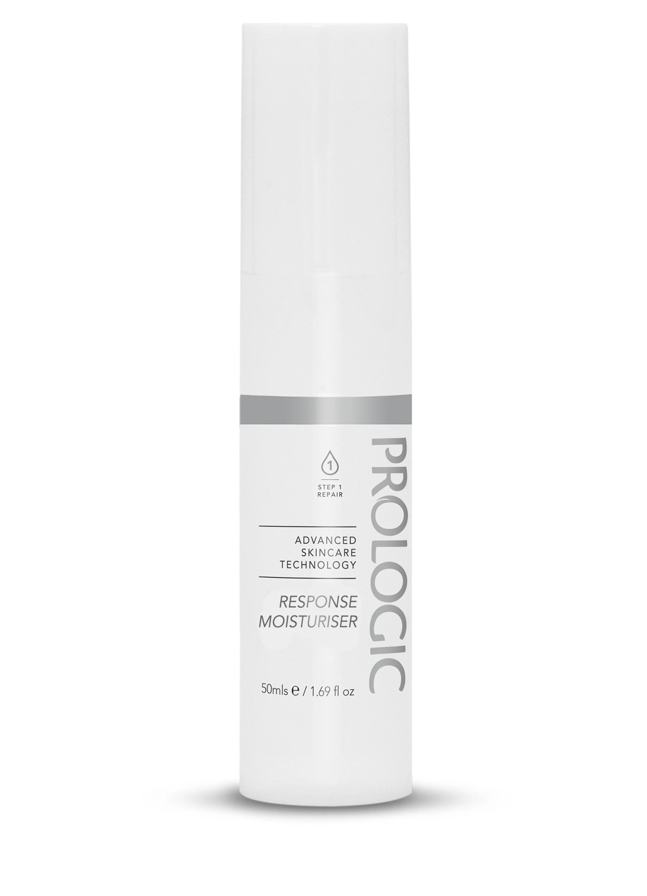 White tube container of Response Moisturiser with labeling indicating step 1 repair, advanced skincare technology, 50mls capacity.