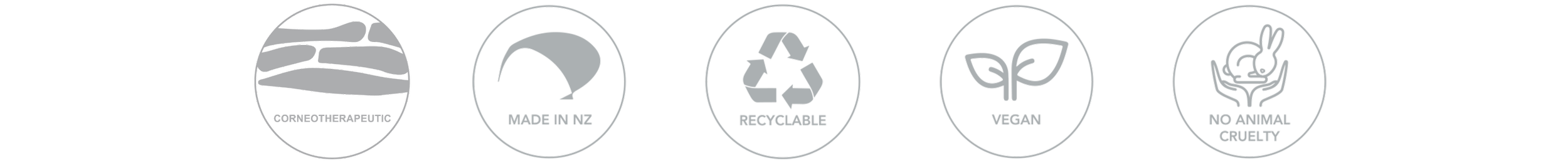 Icoane rotunde cu text care indică caracteristicile produsului: corneoterapeutic, fabricat în Noua Zeelandă, reciclabil, vegan, fără testare pe animale.