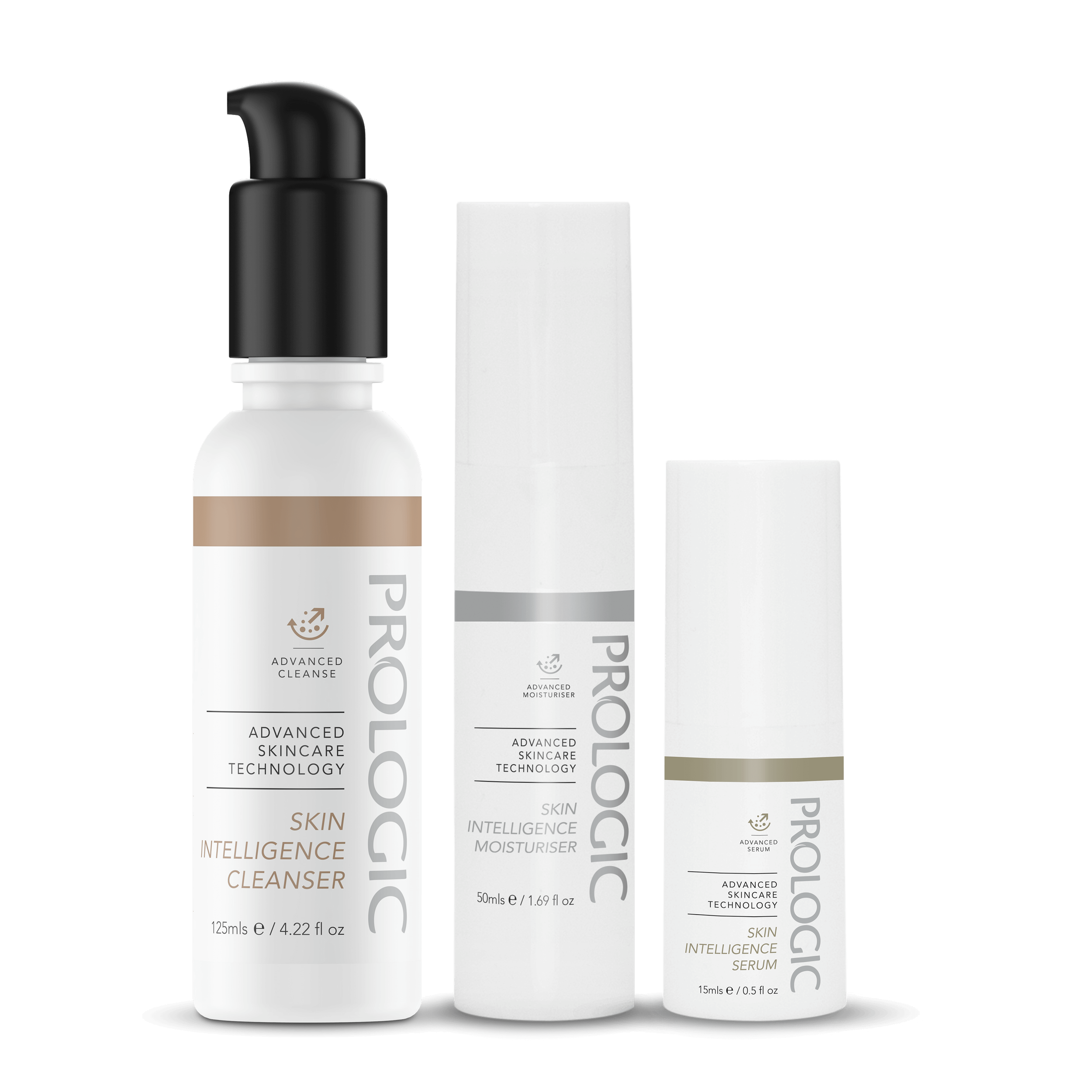 Trei flacoane cu produse de îngrijire a tenului de la Diroic, etichetate ca „Advanced Cleanser”, „Moisturiser” și „Serum”, așezate în poziție verticală pe un fundal alb simplu.