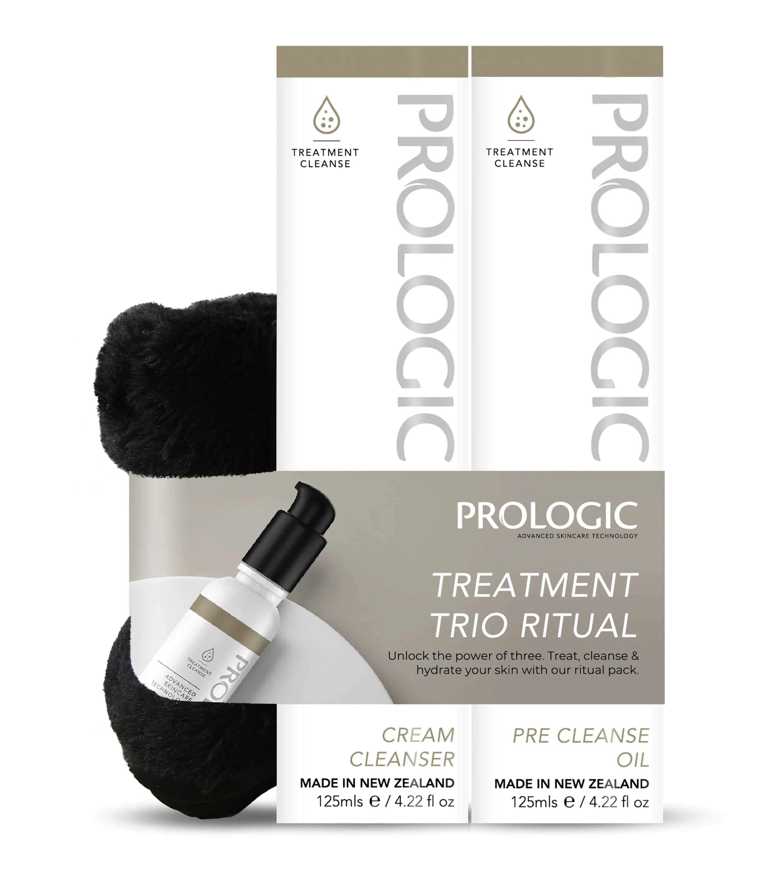 Imagine promoțională pentru ritualul de îngrijire a tenului „Trio” de la Prologic, care prezintă produse de îngrijire a tenului, un obiect pufos de culoare neagră și un aparat de îngrijire a tenului, însoțită de un text descriptiv despre beneficiile