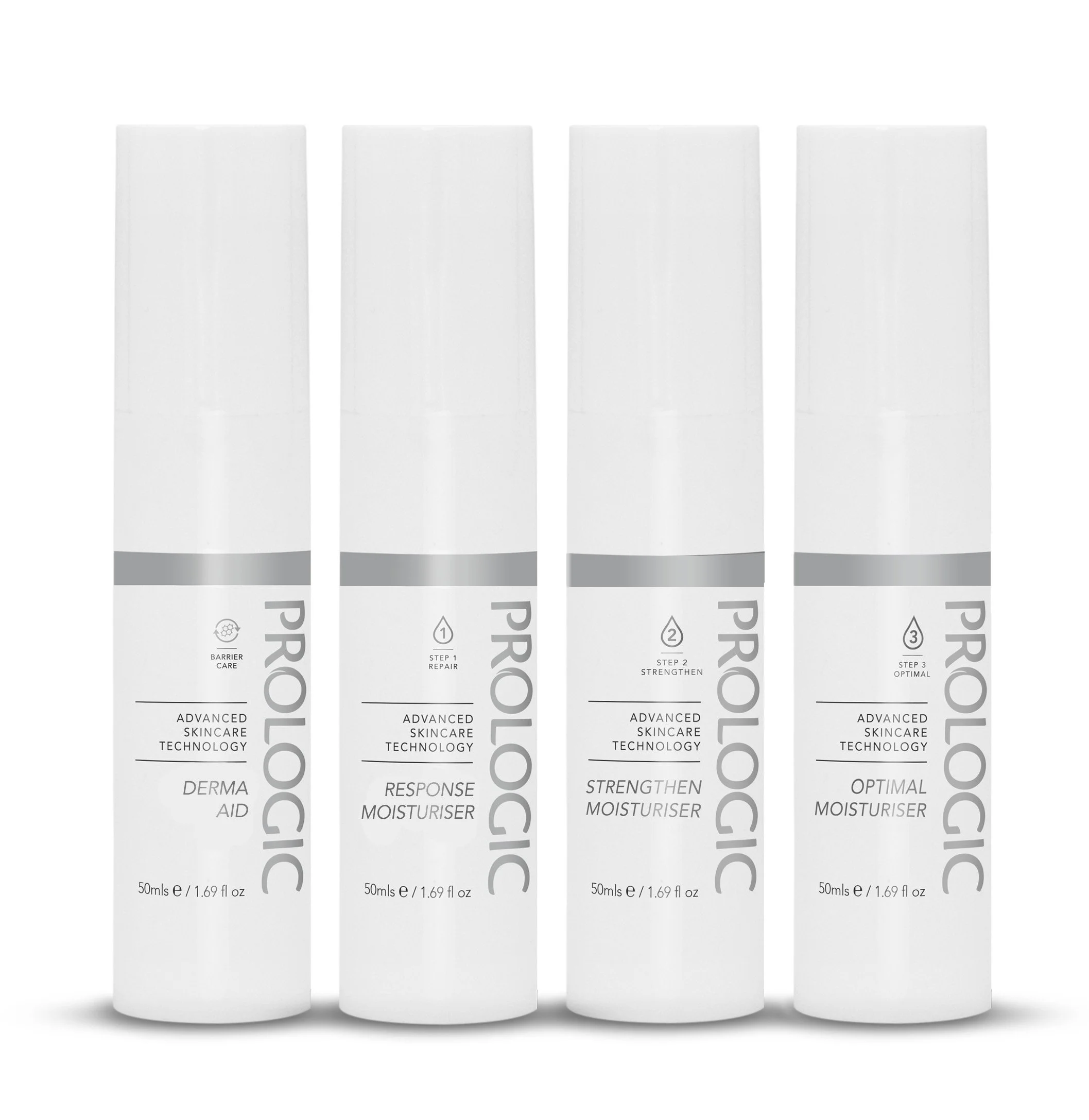 Patru flacoane identice, albe, pentru produse de îngrijire a pielii, cu capace gri, purtând eticheta Prologic de la „Advanced Skincare Technology”, așezate în șir pe un fundal alb simplu.