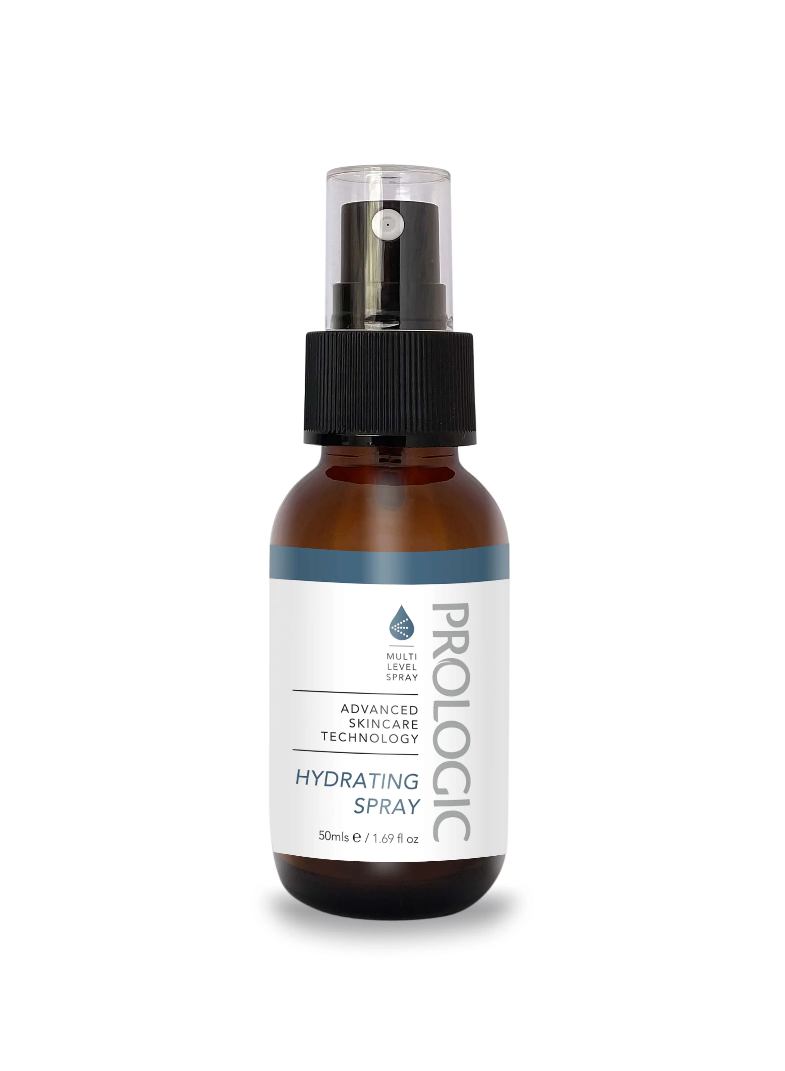 O sticlă cu pulverizator cu eticheta Prologic Multi Level Skincare Technology Hydrating, cu corp maro, pulverizator negru și capac transparent, pe un fundal alb simplu.