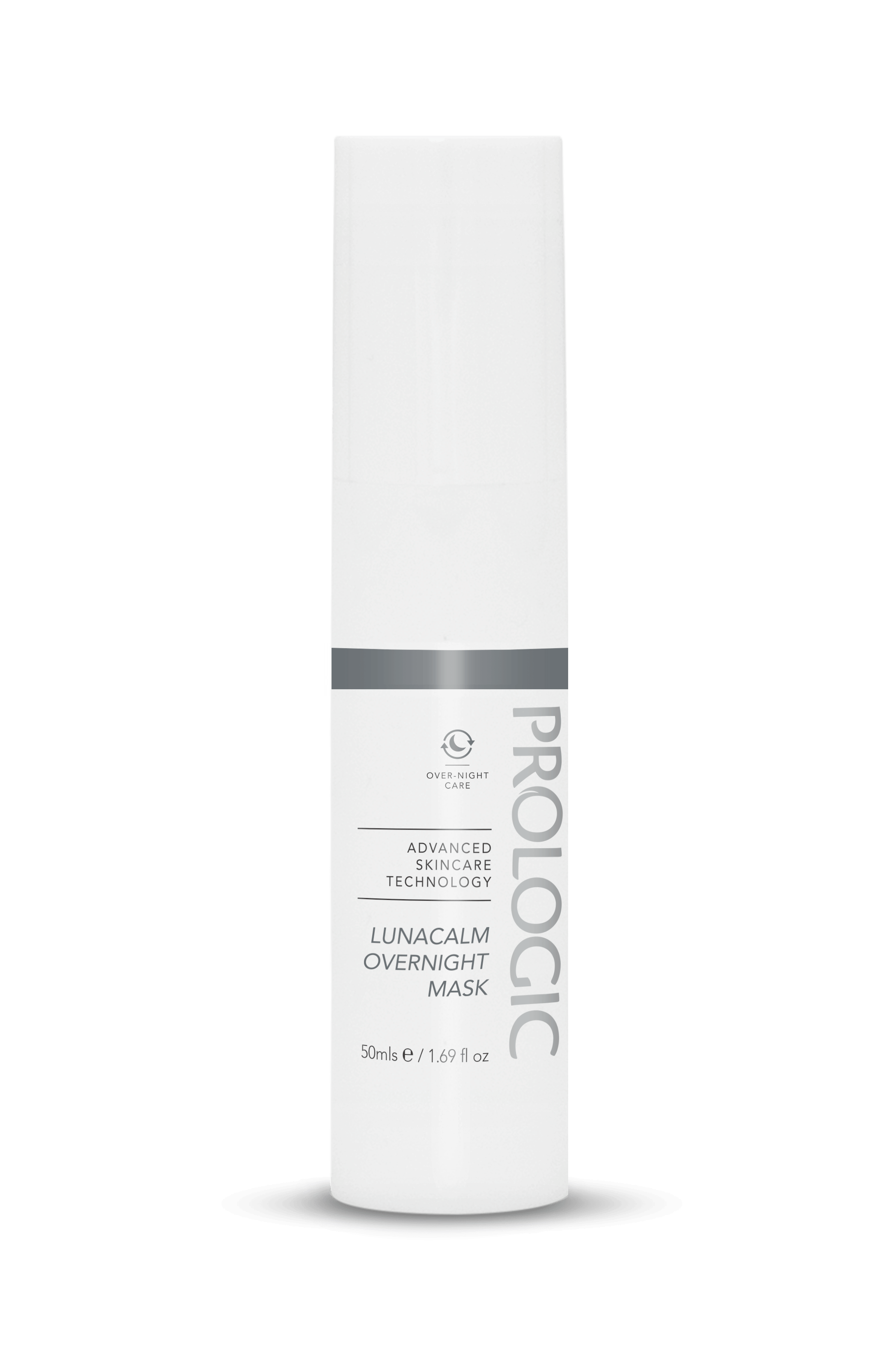 Un tub alb al produsului de îngrijire a tenului Prologic Lunacalm Night Mask, cu text și detalii de brand de culoare gri.