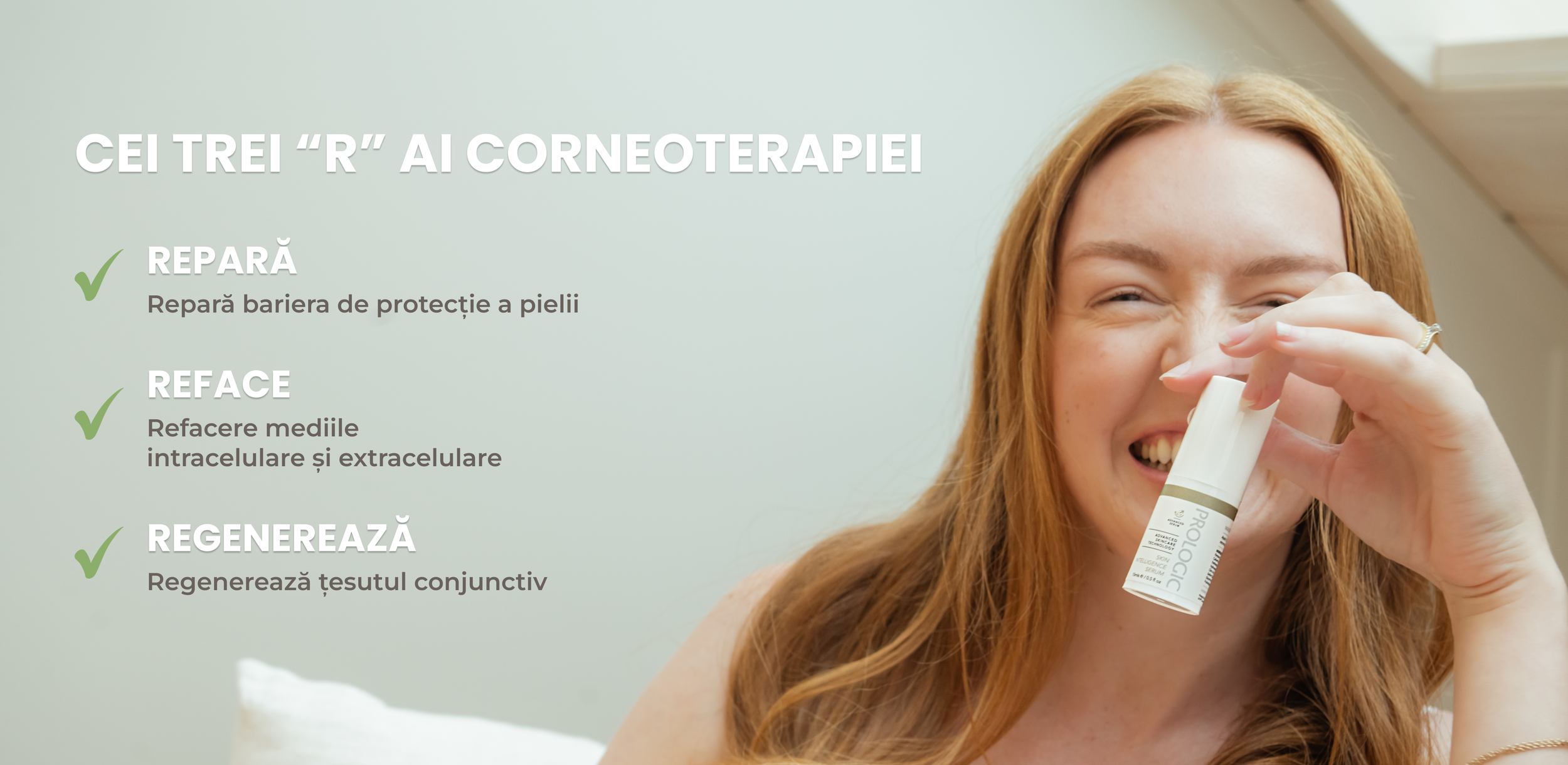 A smiling woman with red hair applying skincare product from a tube in a bright room, with text in Romanian about the benefits of the product for skin protection, repair, and regeneration.