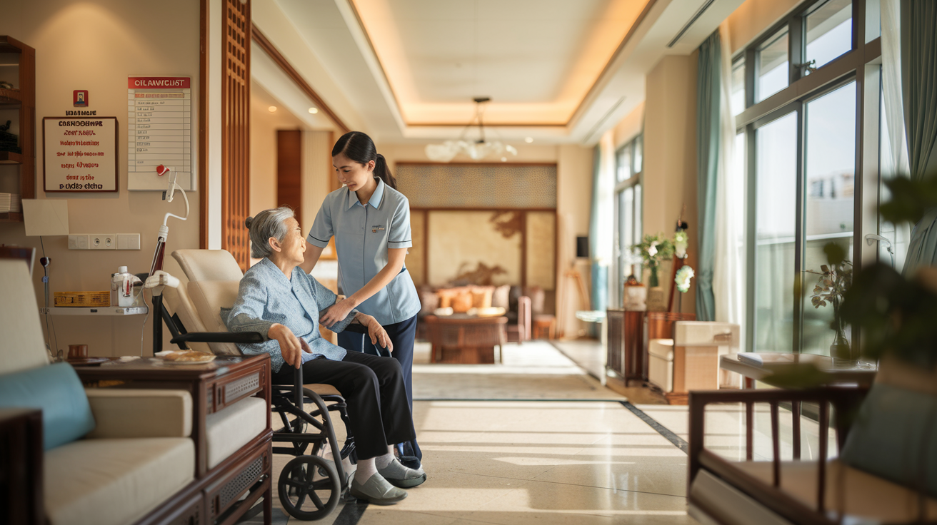 A young female caregiver assisting an elderly woman in a wheelchair in a bright, spacious living area with large windows, plants, and comfortable furniture.