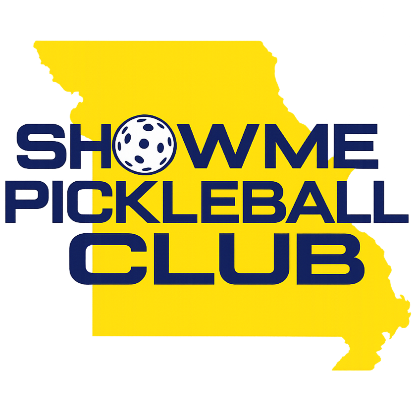 Logo of a pickleball club with yellow outline of the state of Missouri in the background and blue text that reads 'Show Me Pickleball Club,' featuring a pickleball illustration replacing the 'O' in 'Show'.
