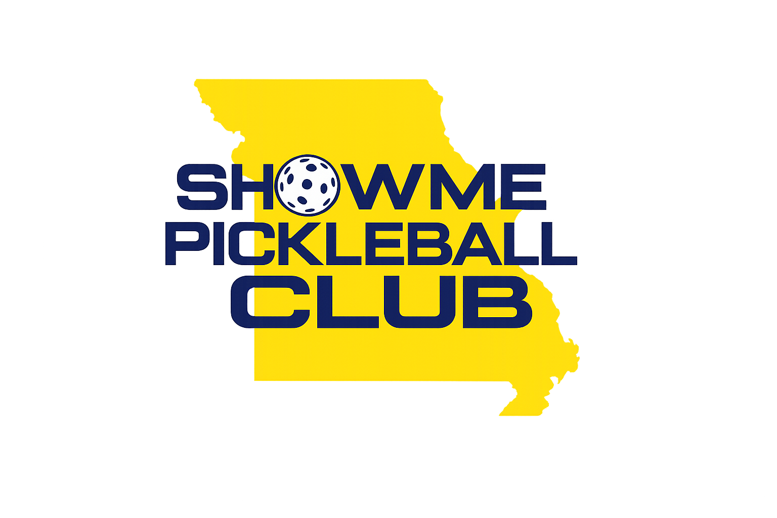 Graphic of the state of Missouri with text overlay that reads "Show Me Pickleball Club" and a pickleball icon in the letter "O" in "Show".