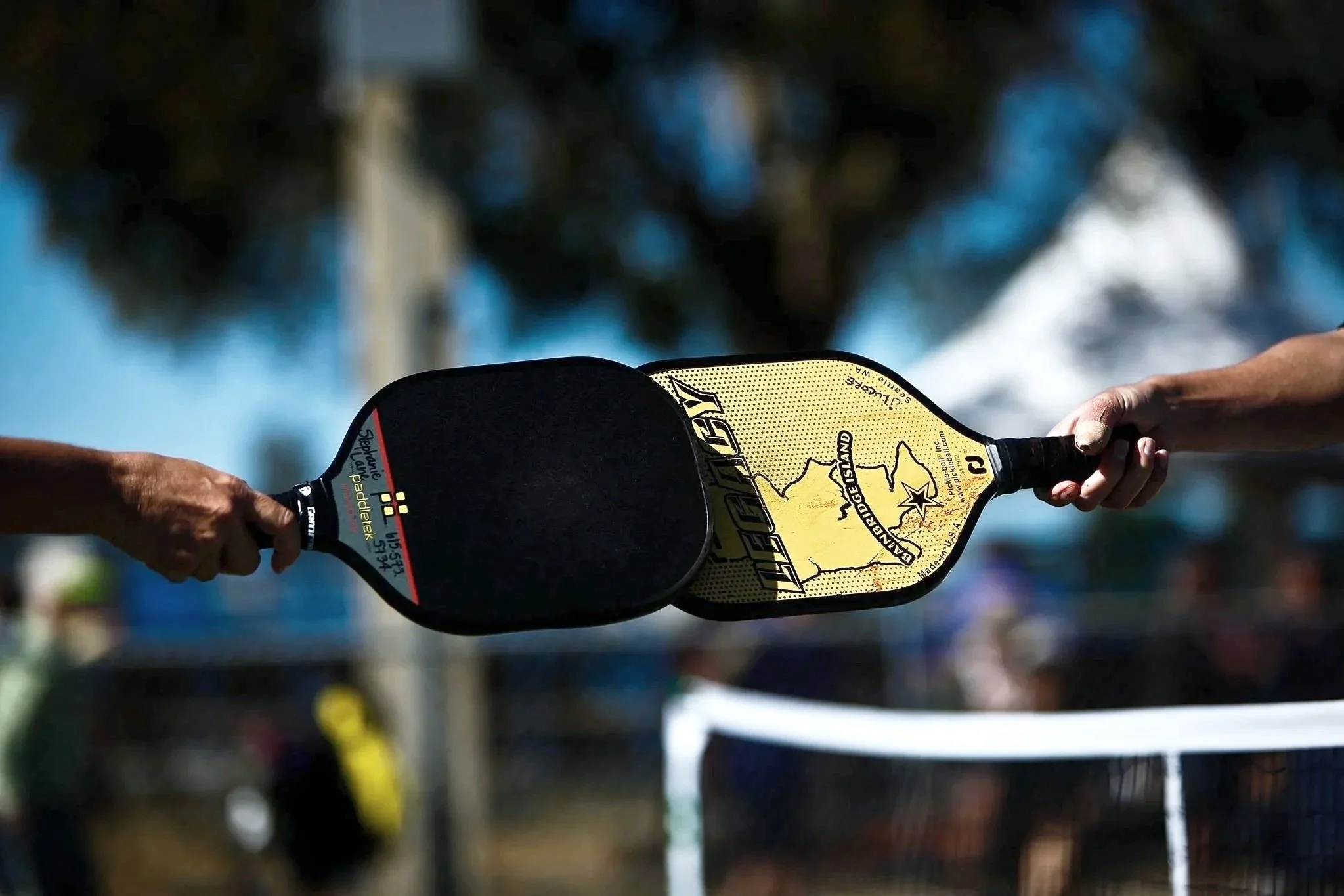 Close-up of two hands holding pickleball paddles, preparing for a game outdoors on a sunny day, with trees in the background.