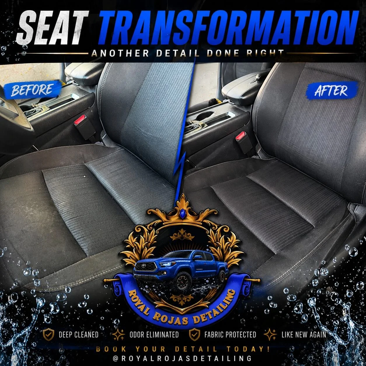 Restored to its best.

This interior received a full deep clean, lifting embedded dirt and refreshing the fabric back to a like-new finish. Every detail is handled with care to bring comfort, cleanliness, and quality back to your drive.

At Royal Roj