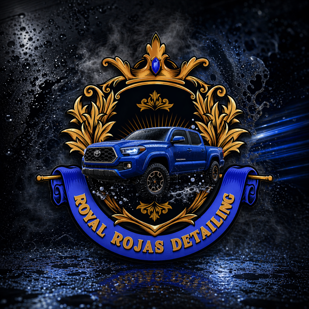 Blue Toyota Tacoma truck in front of a gold and blue crest with a crown, laurel leaves, and a blue ribbon that reads 'Royal Rojas Detailing' on a dark water and soap bubble background.