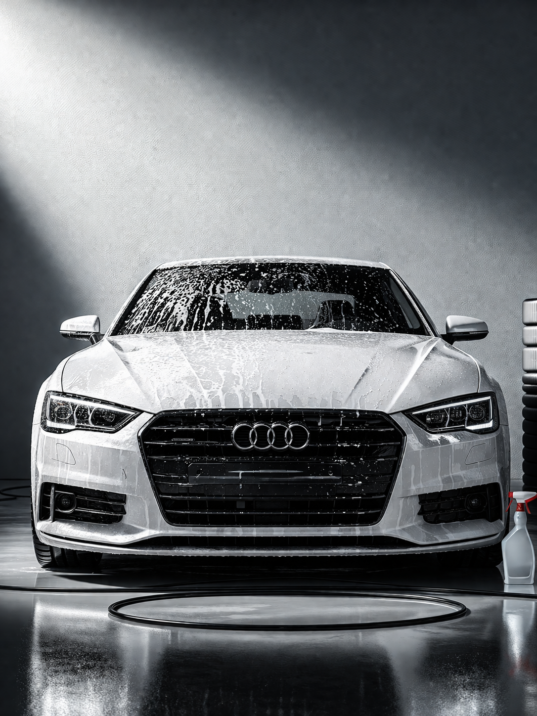 White Audi sedan during car wash with soap suds, soap dispenser on right, stacks of tires on left, and water on the floor.
