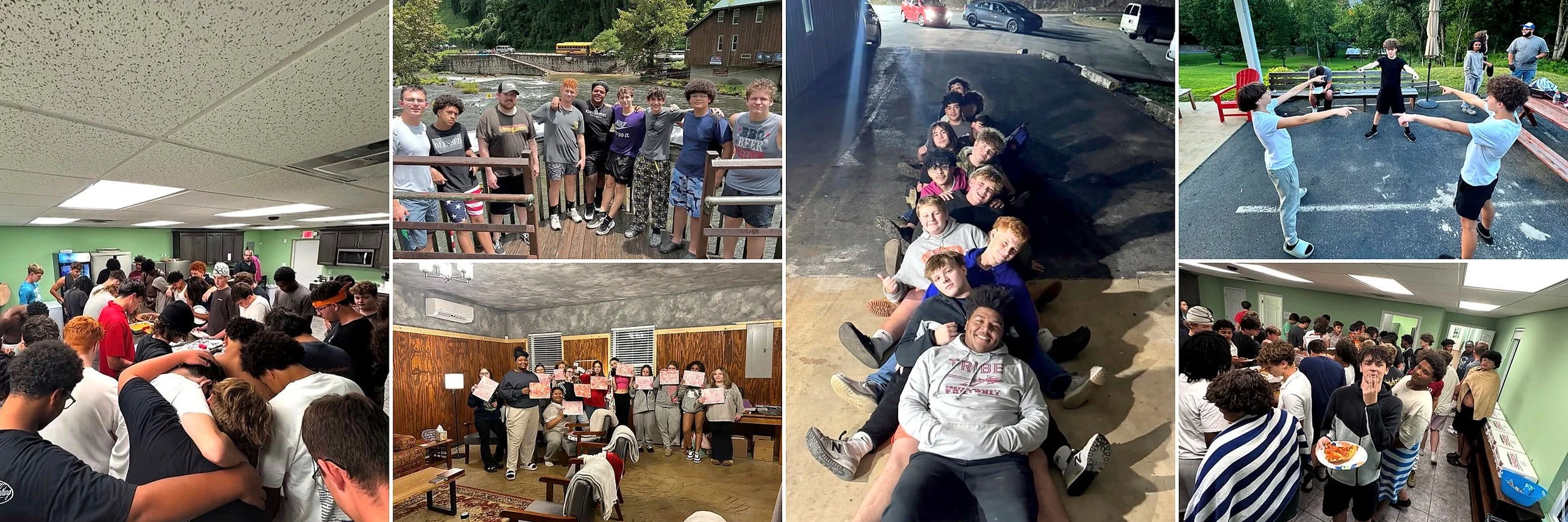 A collage of photos of a group of teenagers and young adults at a summer camp. The images show them participating in indoor activities, outdoor games, riding a boat, and posing for group photos. For anyone who looks for a kingpsort, tn church
