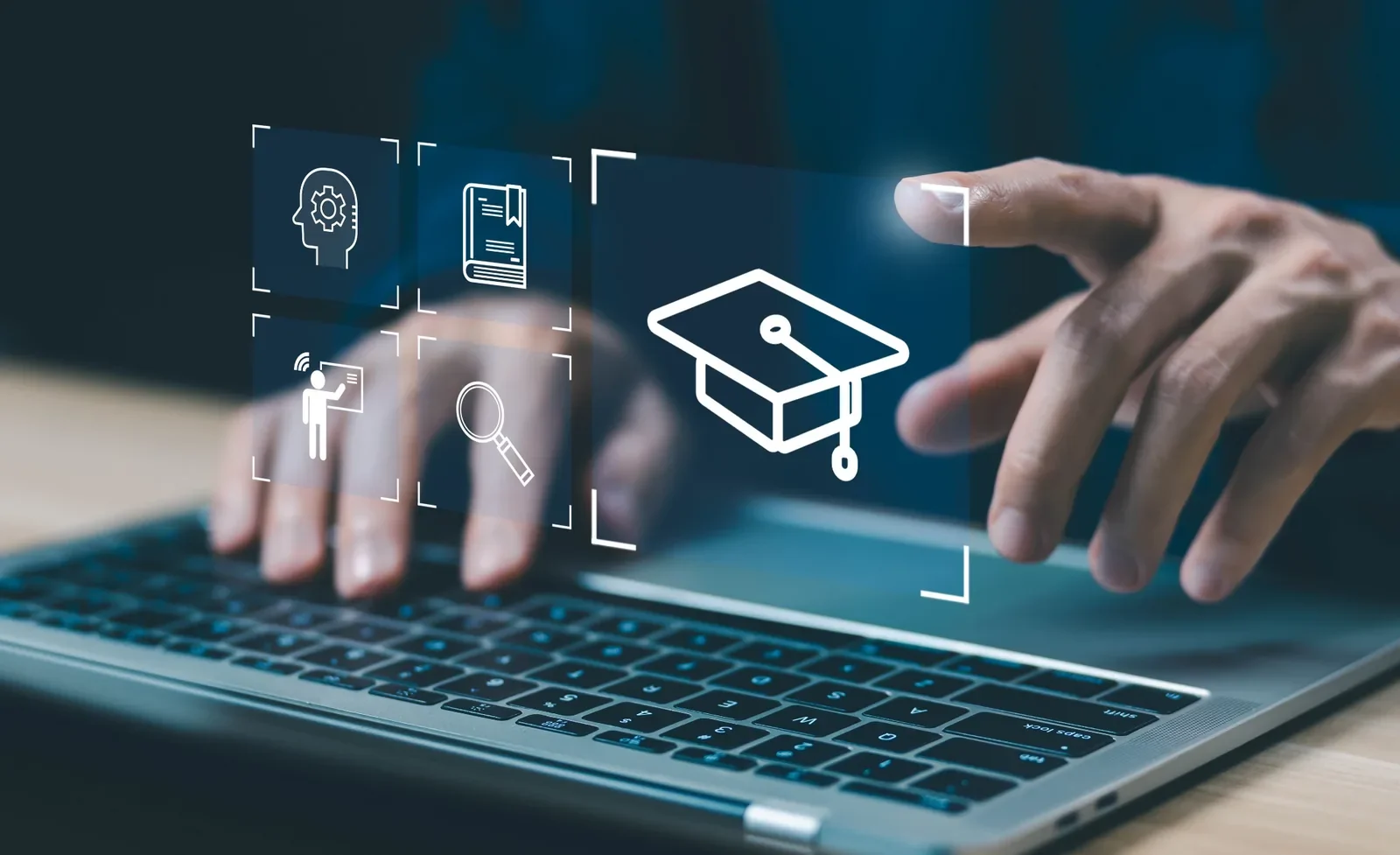 Person using a laptop with digital icons representing education, research, innovation, and learning floating above the keyboard.