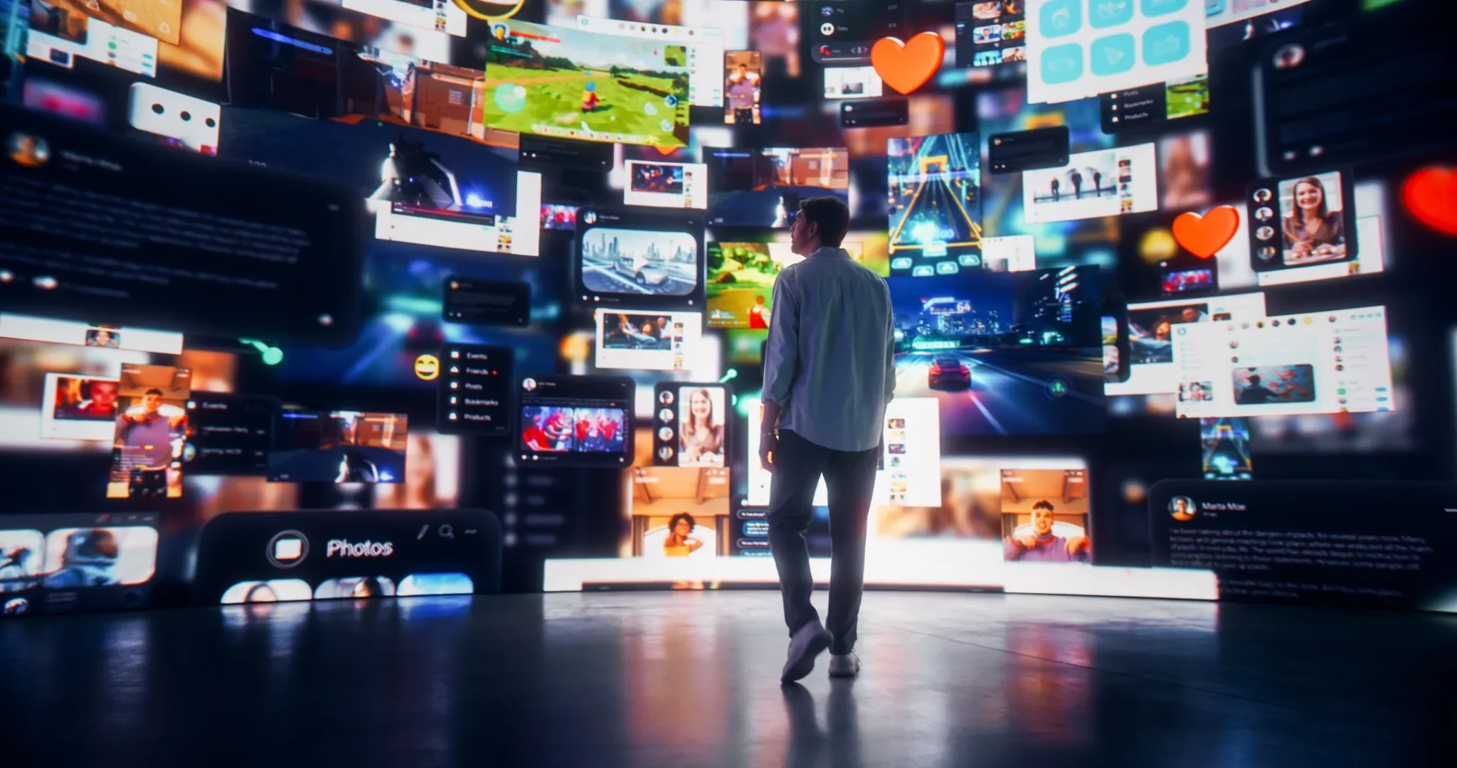 Person touching a virtual interface with interconnected icons representing technology, communication, data analysis, and artificial intelligence.