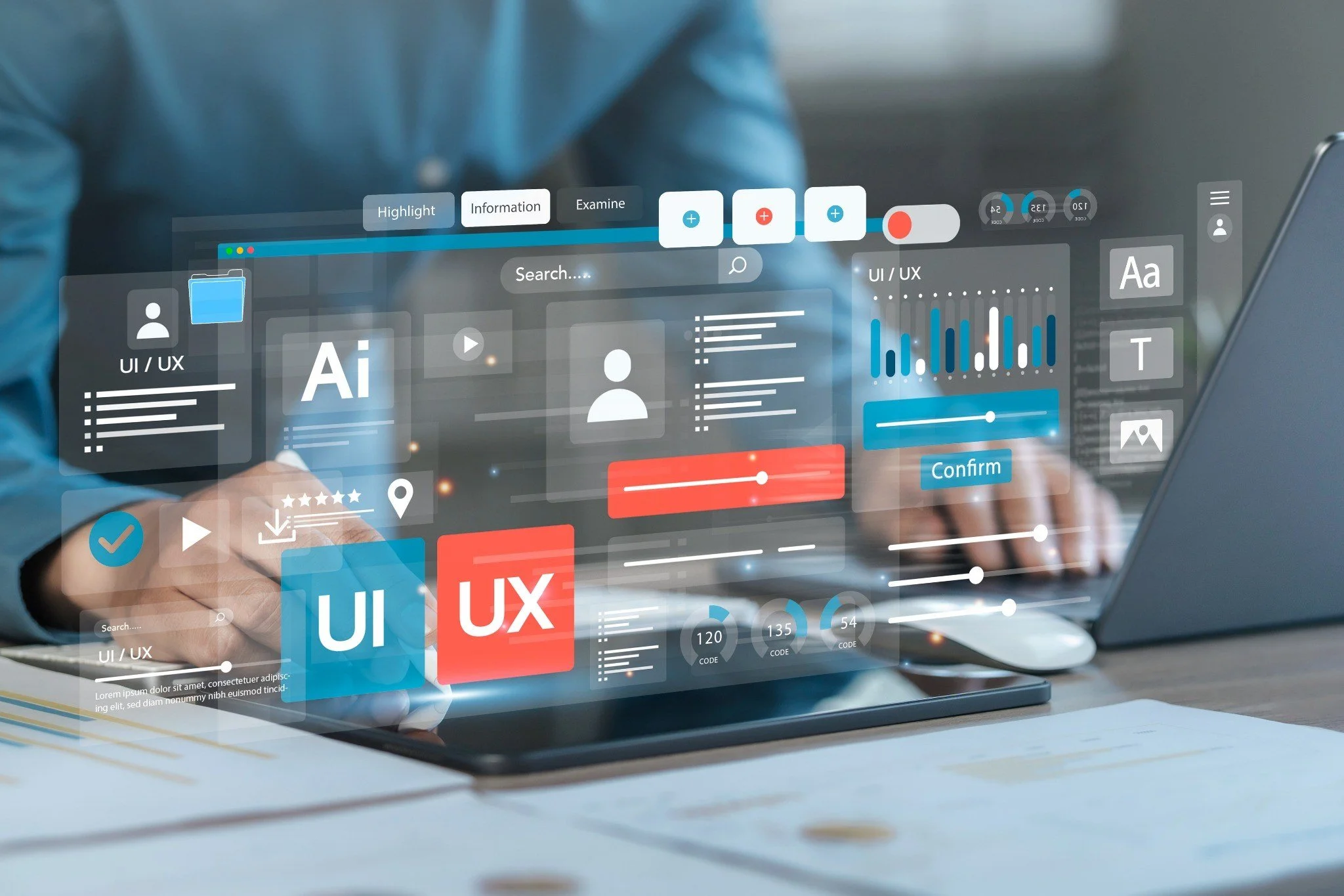 A person using a touchscreen interface displaying various digital graphs, icons, and text related to UI/UX design.
