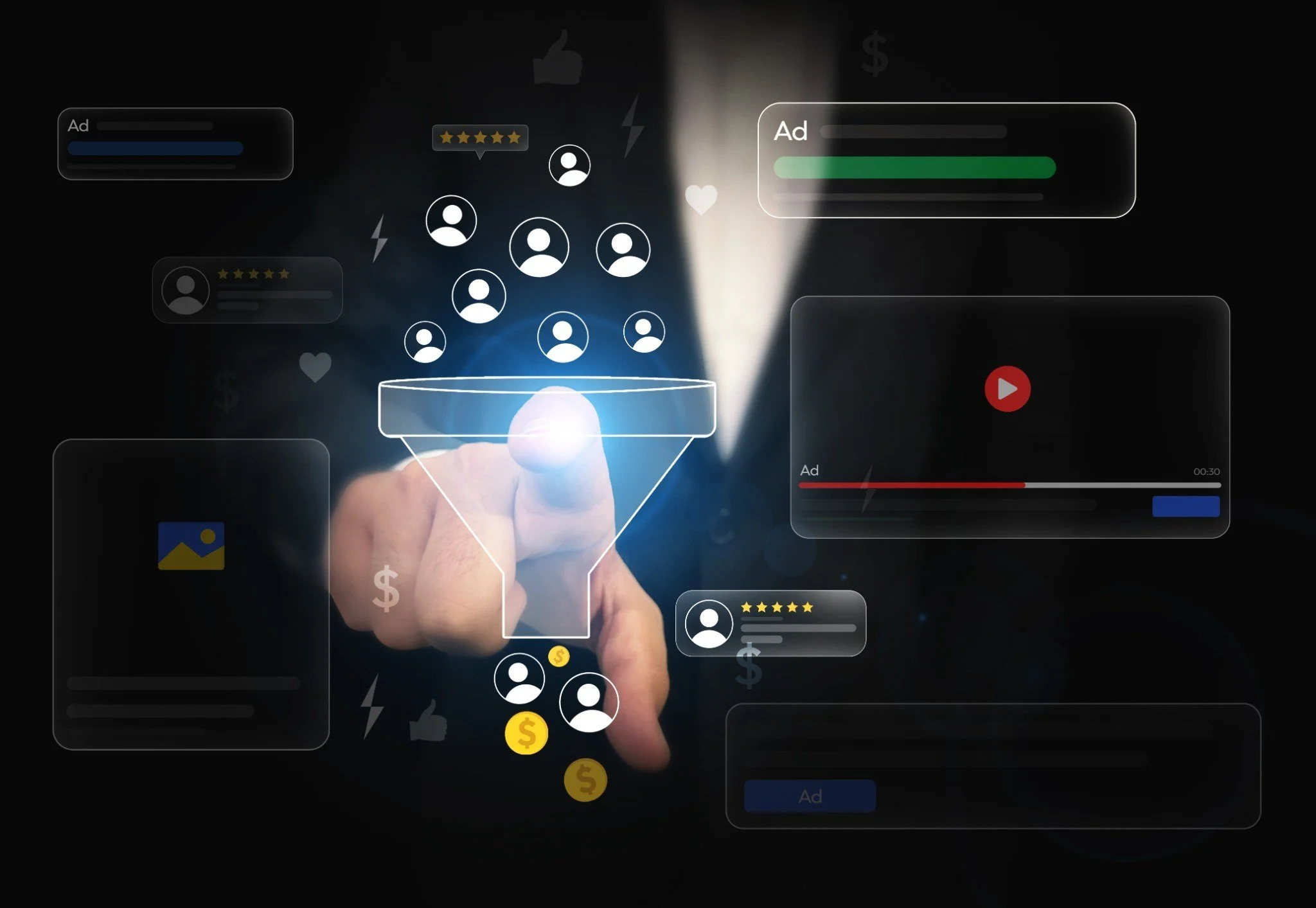 A person in a suit is touching a digital interface with various icons, including user profiles, stars, dollar signs, a heart, a video play button, and progress bars, representing social media, advertising, and online engagement.