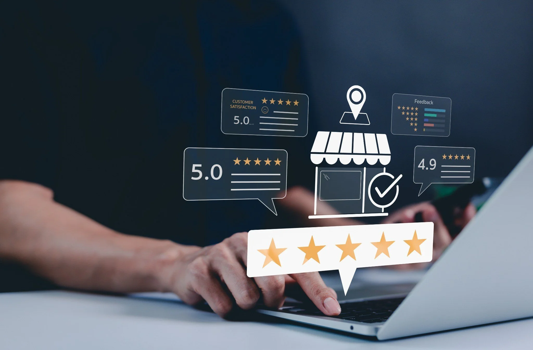 Close-up of a hand using a laptop with digital icons and reviews, including star ratings and customer feedback, floating above the keyboard.