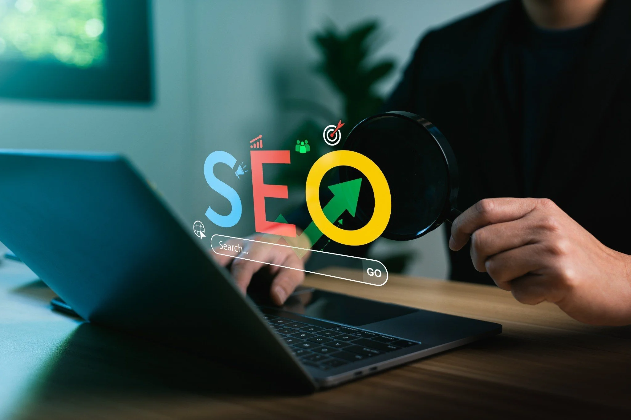 Hands holding magnifying glass over digital interface displaying SEO-related icons and text.