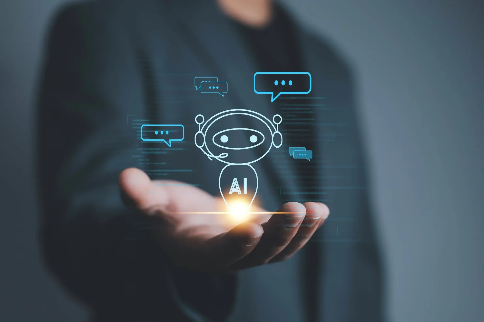 A person holding a smartphone with a digital illustration of a robot with headphones and the letters 'AI' emanating from the screen, surrounded by floating chat bubbles.