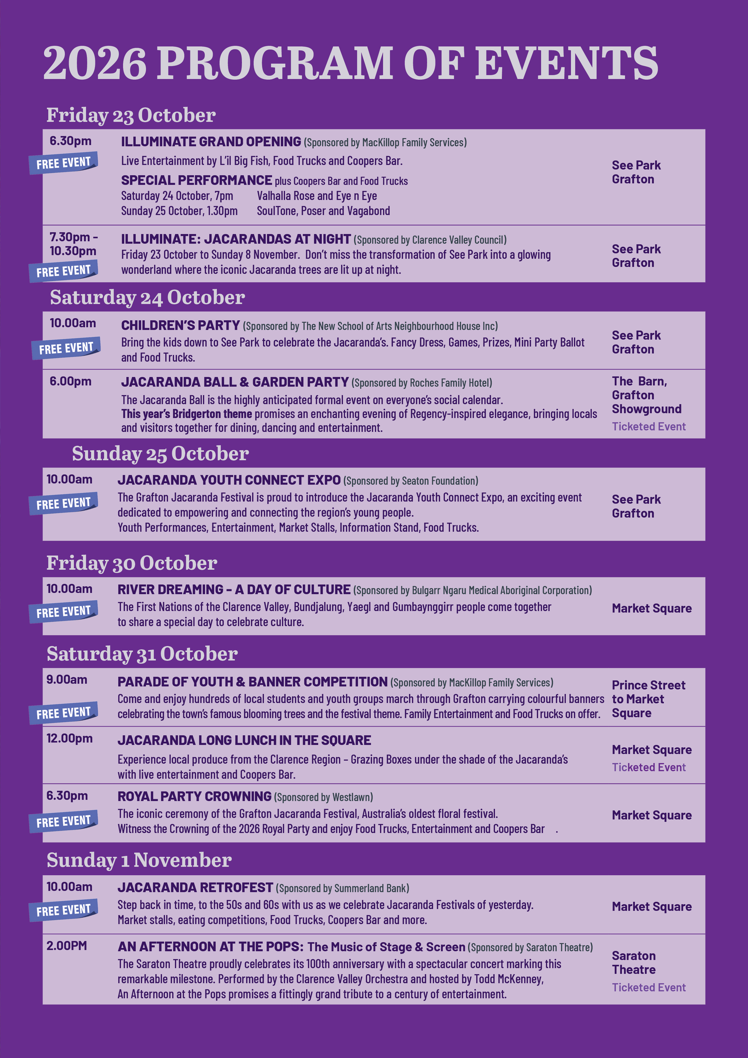 Schedule of events for Grafton Jacaranda Festival, covering October 23 to November 1, 2026, with details about performances, parties, parades, and celebrations at various locations.