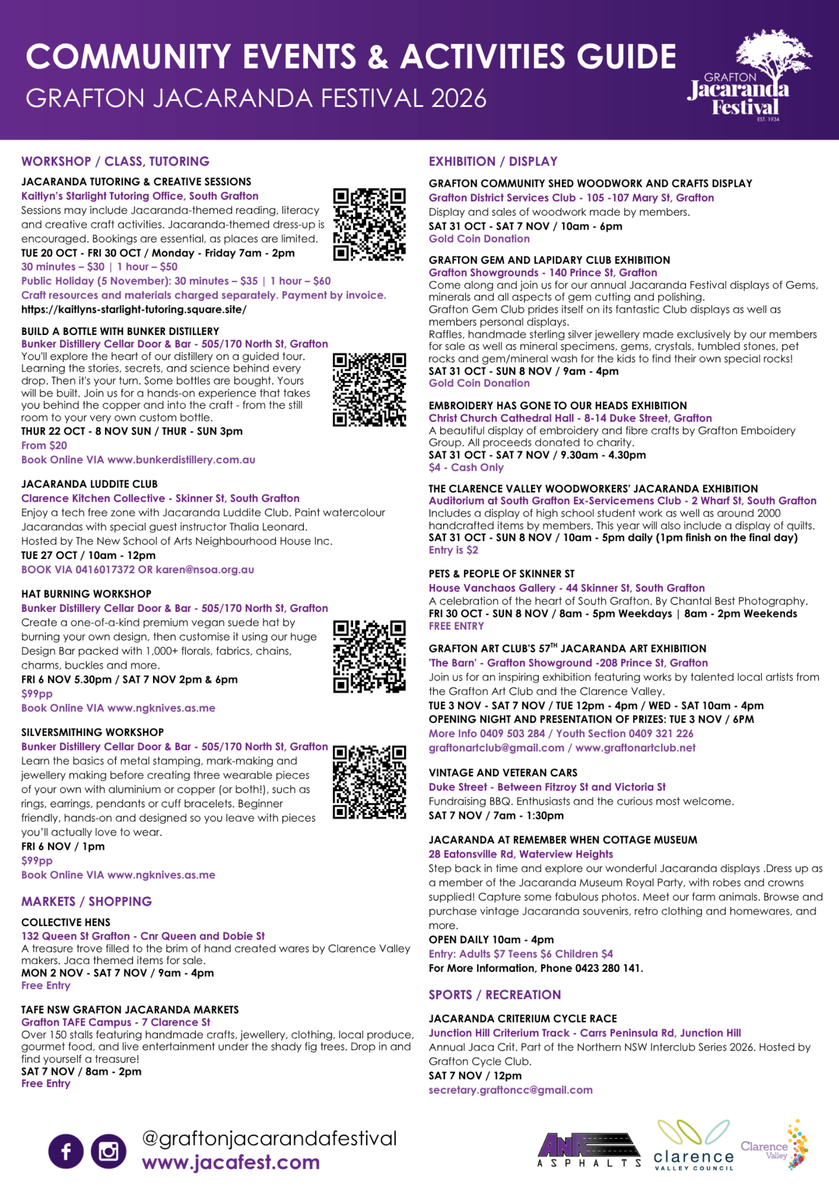 Community events and activities guide for Grafton Jacaranda Festival 2026 featuring workshops, exhibitions, markets, sports, and more with detailed descriptions, dates, times, and locations.